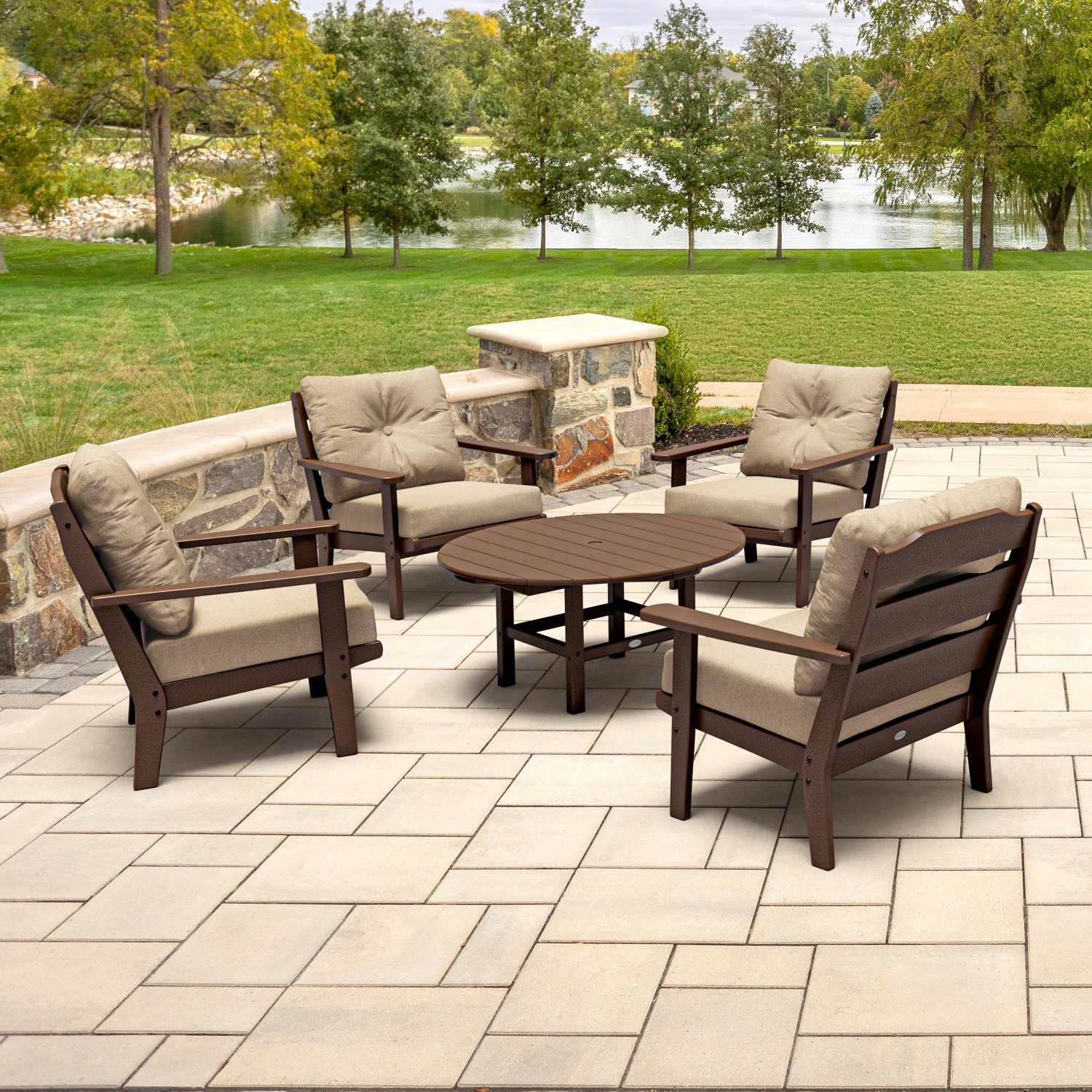 allen + roth by POLYWOOD PWS733-2-MA146010 Oakport 5 -Piece Patio Conversation Set with Brown Revolution Cushions