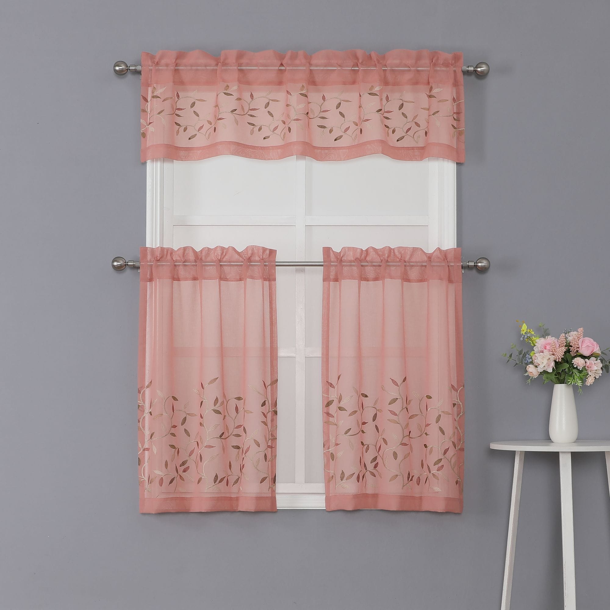 KATE AURORA - Shabby Sheer Embroidered Complete 3 Piece Floral Rod Pocket Cafe Kitchen Curtain Ti...