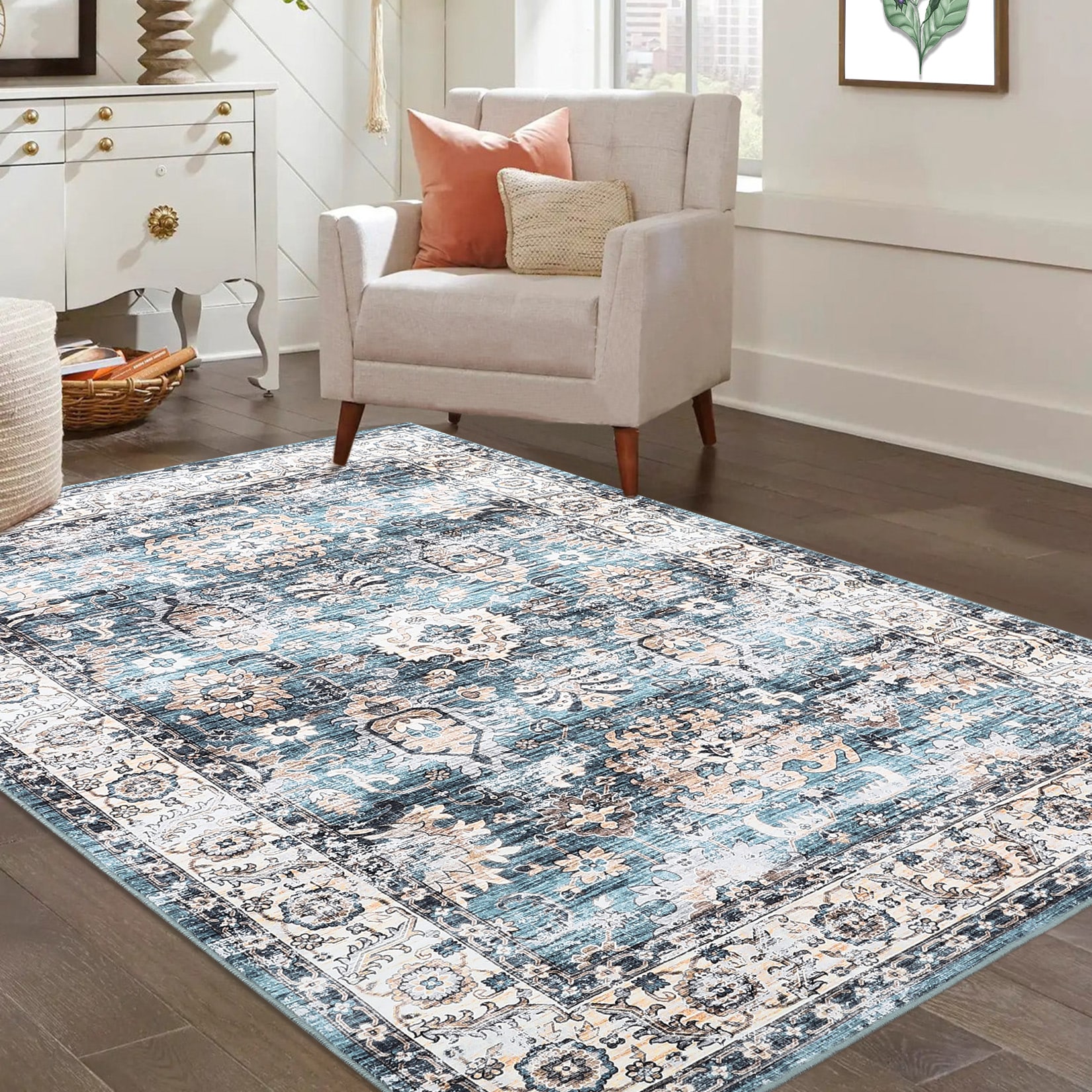 Garvee YXY-LO-PHO-14IJBNM9 8 x 10 (ft) Polyester Teal Rectangular Indoor Floral/Botanical Vintage Machine washable Area rug
