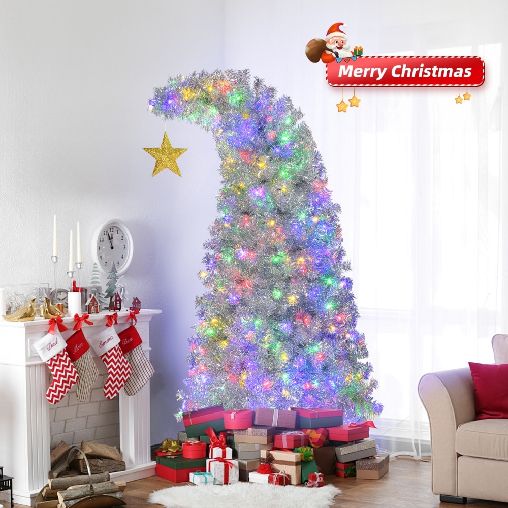 Upsimples 08807622-SYHJQ001 6FT Pre Lit Silver Bent Top Christmas Tree 900 PET Branch Tips 300 LEDs 8 Modes Remote Whimsical Santa Hat Style Holiday Centerpiece