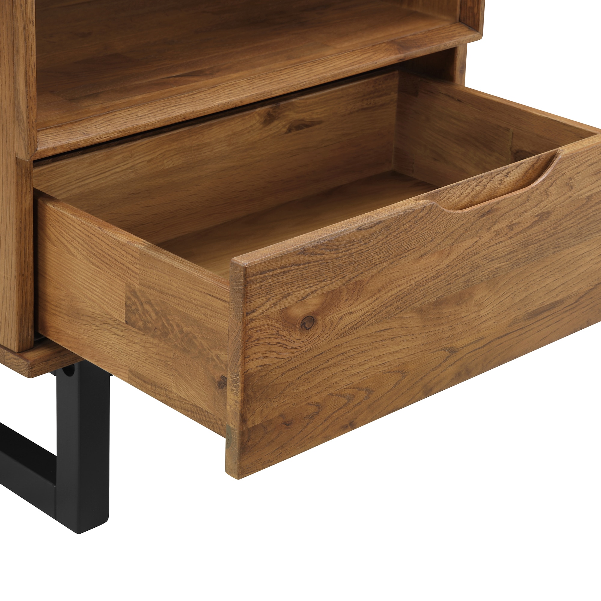 Brown Oak Wood Nightstand with Black Metal Base and Drawer