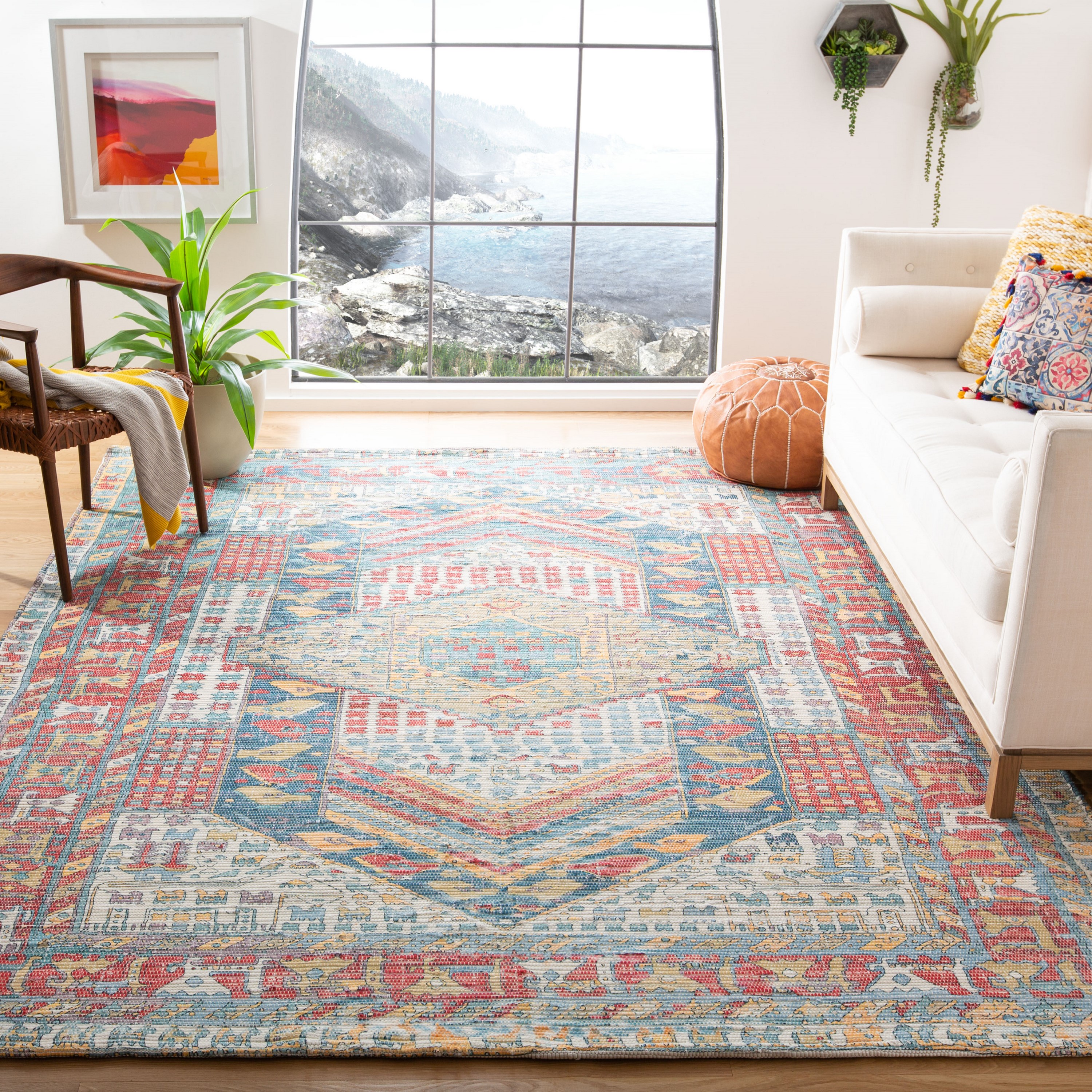Safavieh SFN507R-6SQ Saffron Riau 6 x 6 (ft) Loomed Synthetic Fuchsia/Blue Square Indoor Distressed/Overdyed Bohemian/Eclectic Area rug