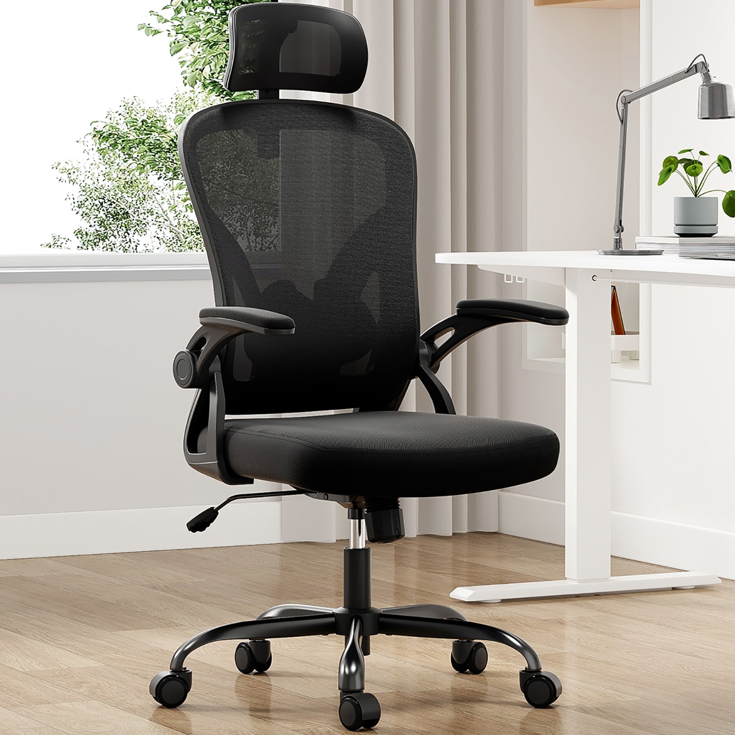 GZMR Set of Accent Chair Extra-Thick Backrest Black Contemporary Ergonomic Adjustable Height Mesh Task Chair