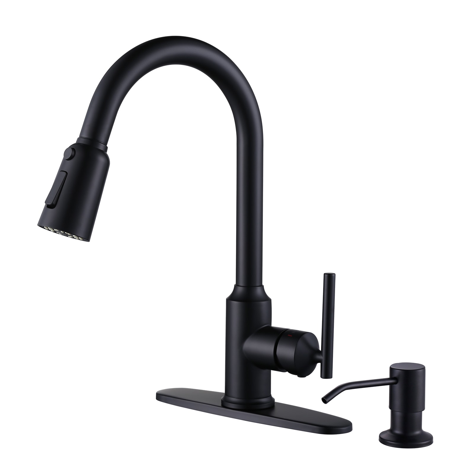 WOWOW 2312701B-S-LW Black Single Handle Deck-mount Pull-down Kitchen Faucet with Sprayer ( Deck Plate Included ) (Soap Dispenser Included)