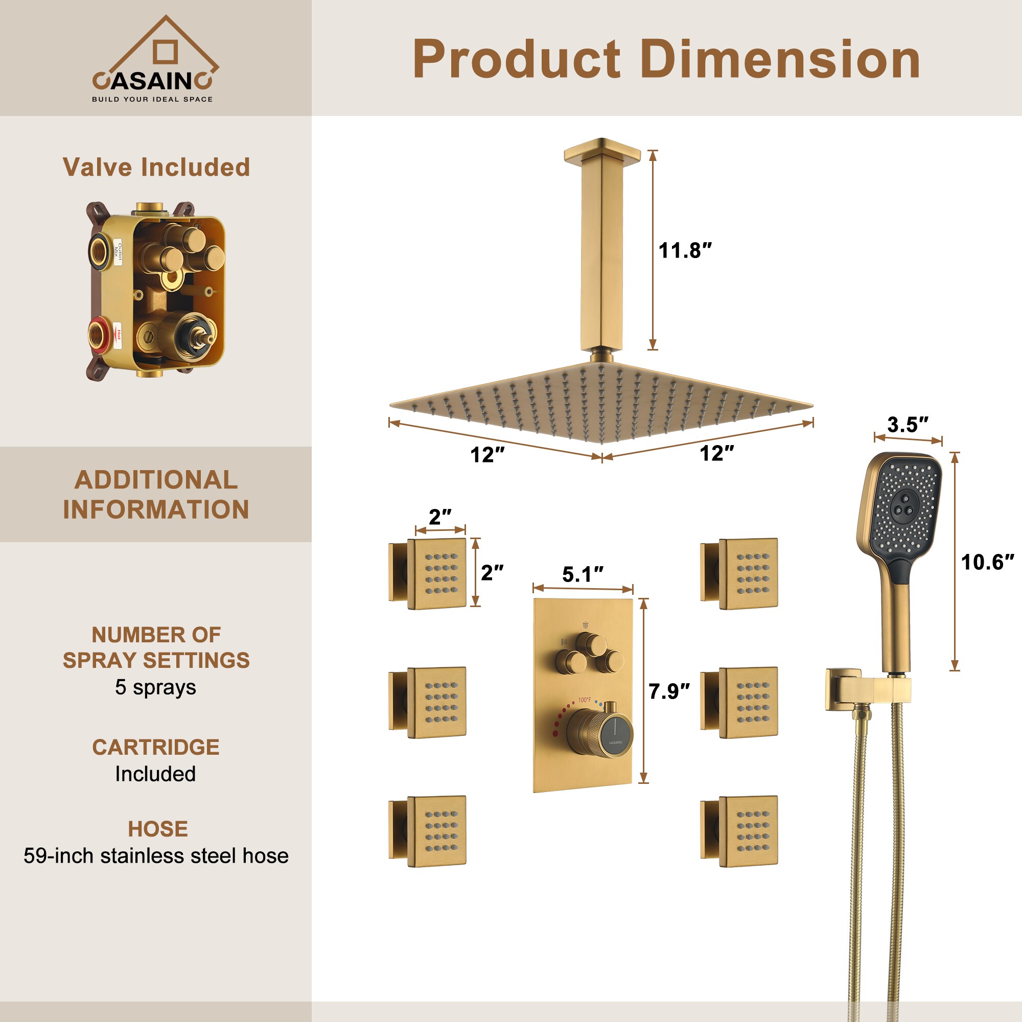 CASAINC CS6221-12BG Showerhead-Bar-Panels - View #9
