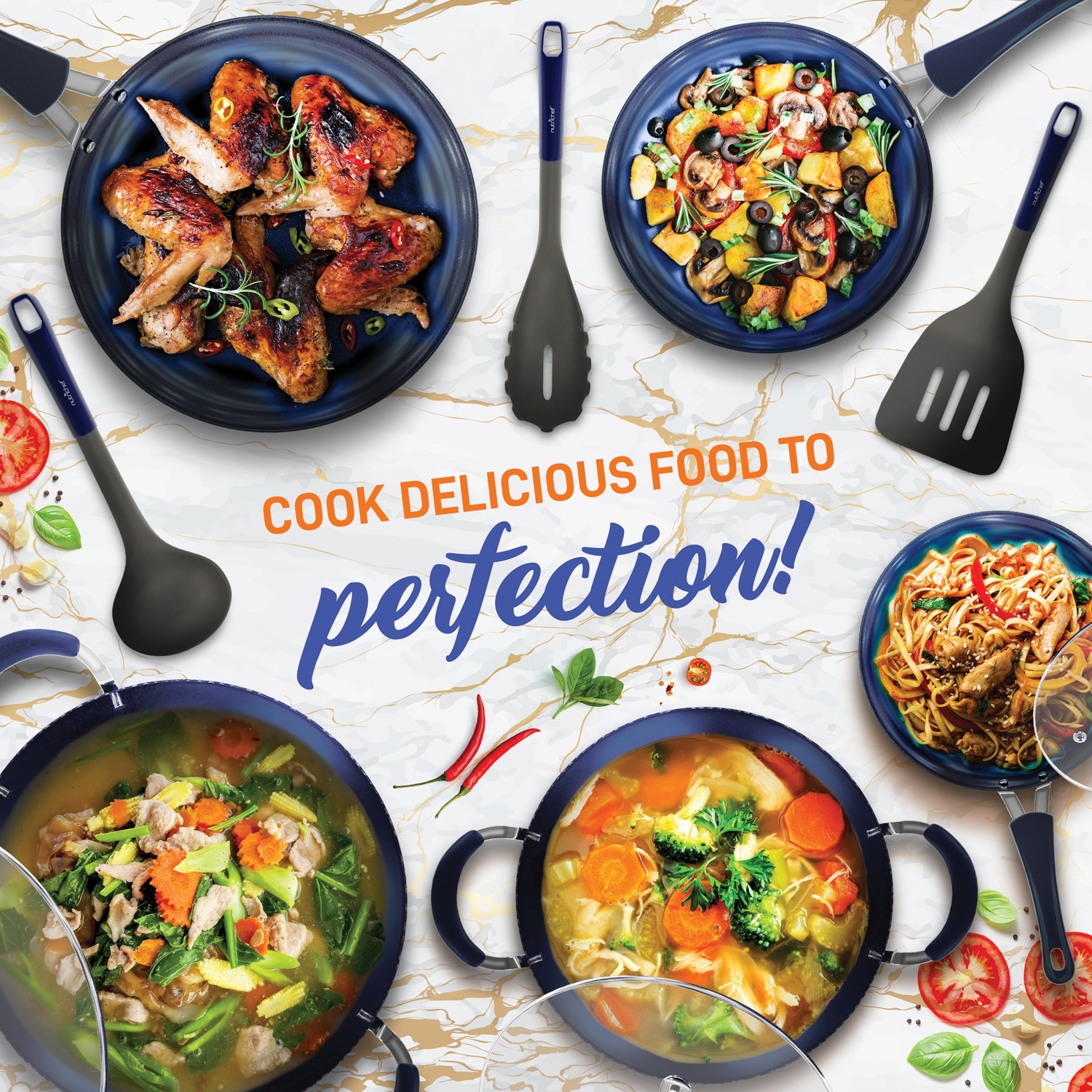 NutriChef 11-Piece Navy Blue Nonstick Aluminum Cookware Set with Utensils