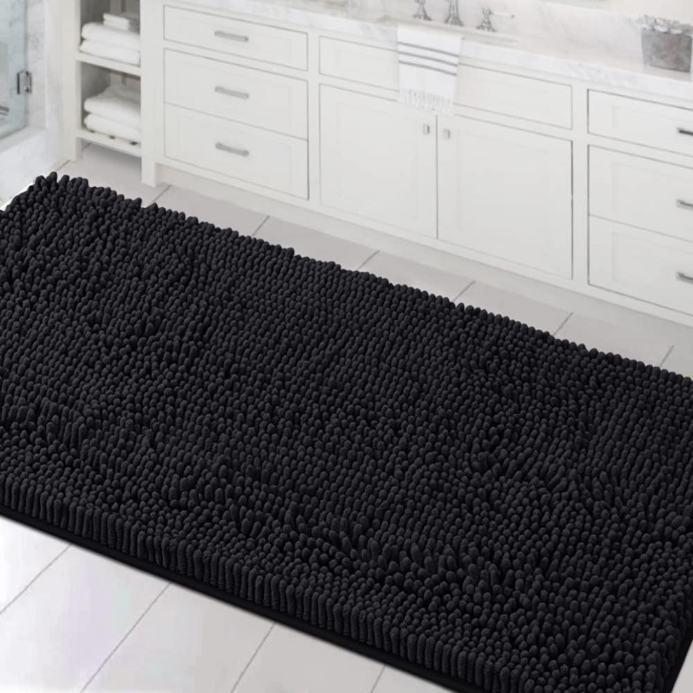 H.Versailtex  Chenille Bath Runner Rug 24 x 47 in ExtraSoft Absorbent NonSlip Bathroom Mat Black