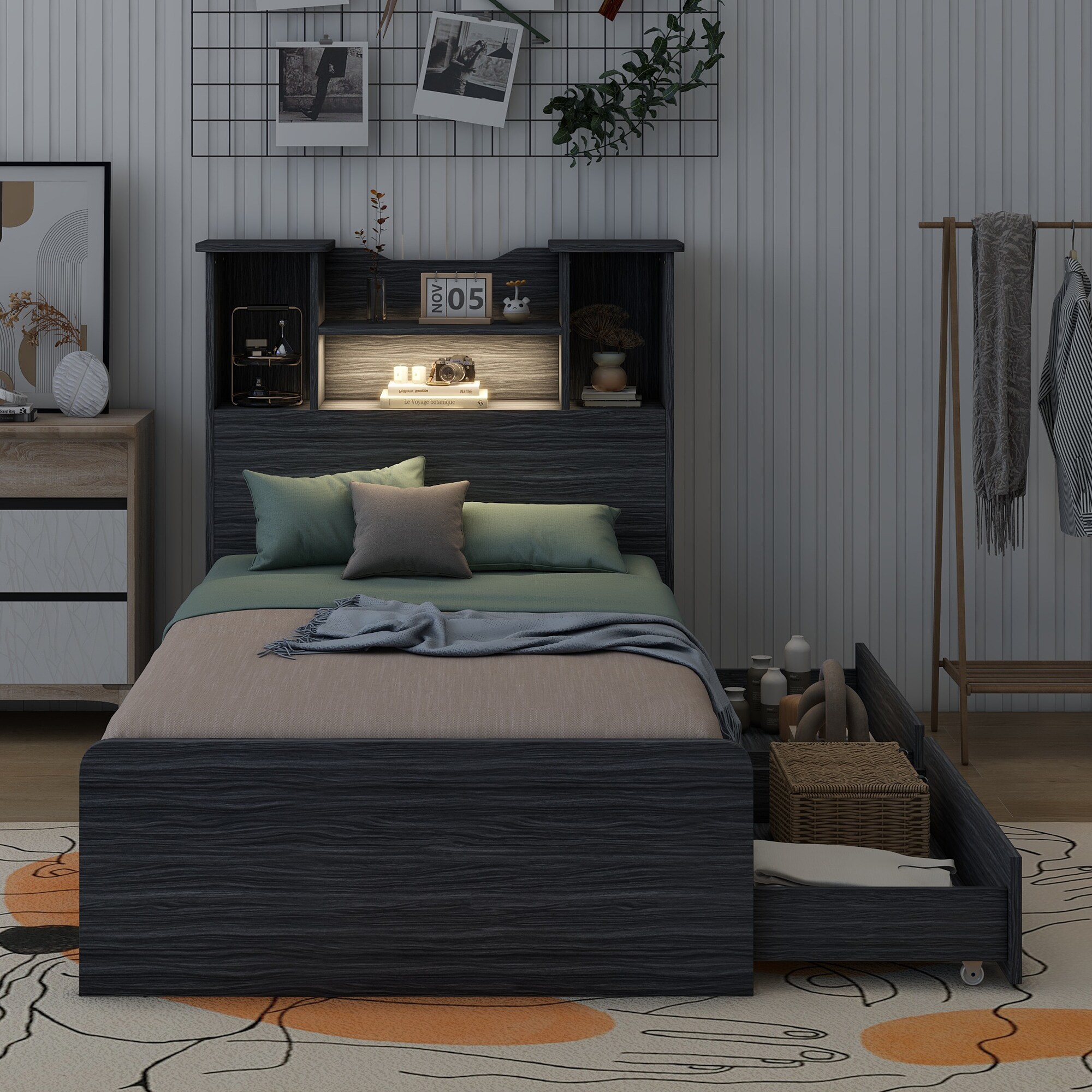 ModernLuxe WF312865AAE Twin Size Storage Platform Bed Frame with 4 Open Storage Shelves and 2 Storage DrawersLED LightGray