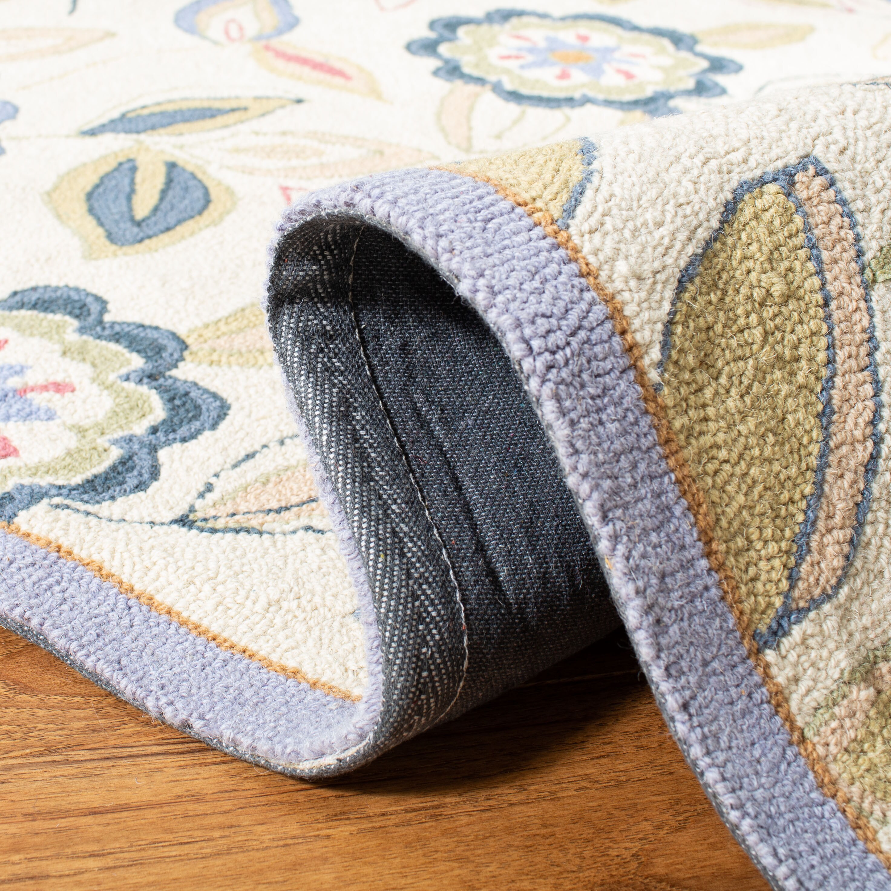 Ivory and Blue Floral Wool Runner Rug, 2'6" x 8'