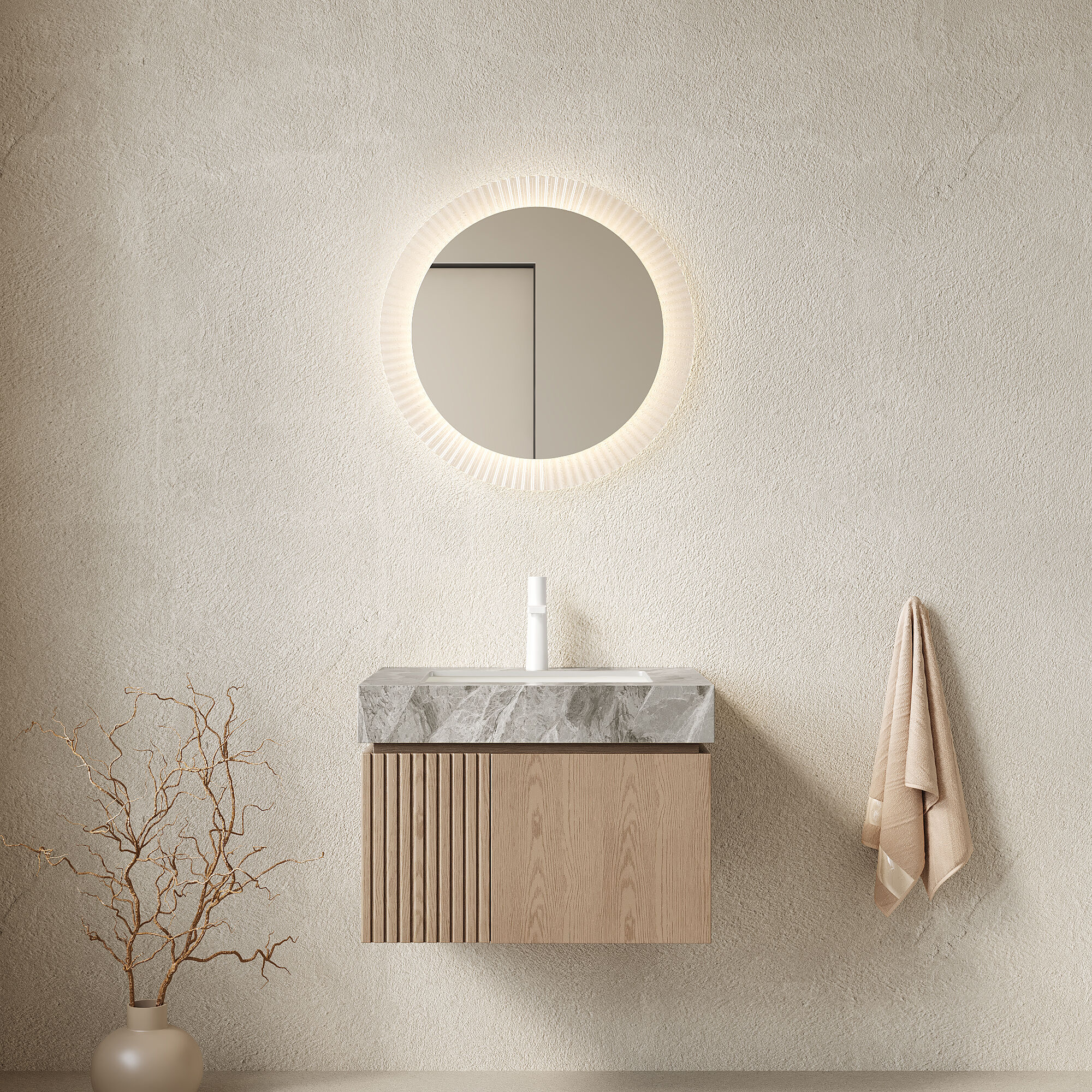 Qualler  24 Inch Floating Bathroom Vanity with Single Hole Light Gray Sintered Stone Top Ceramic Sink and 2 Doors - Heidelberg Woodgrain