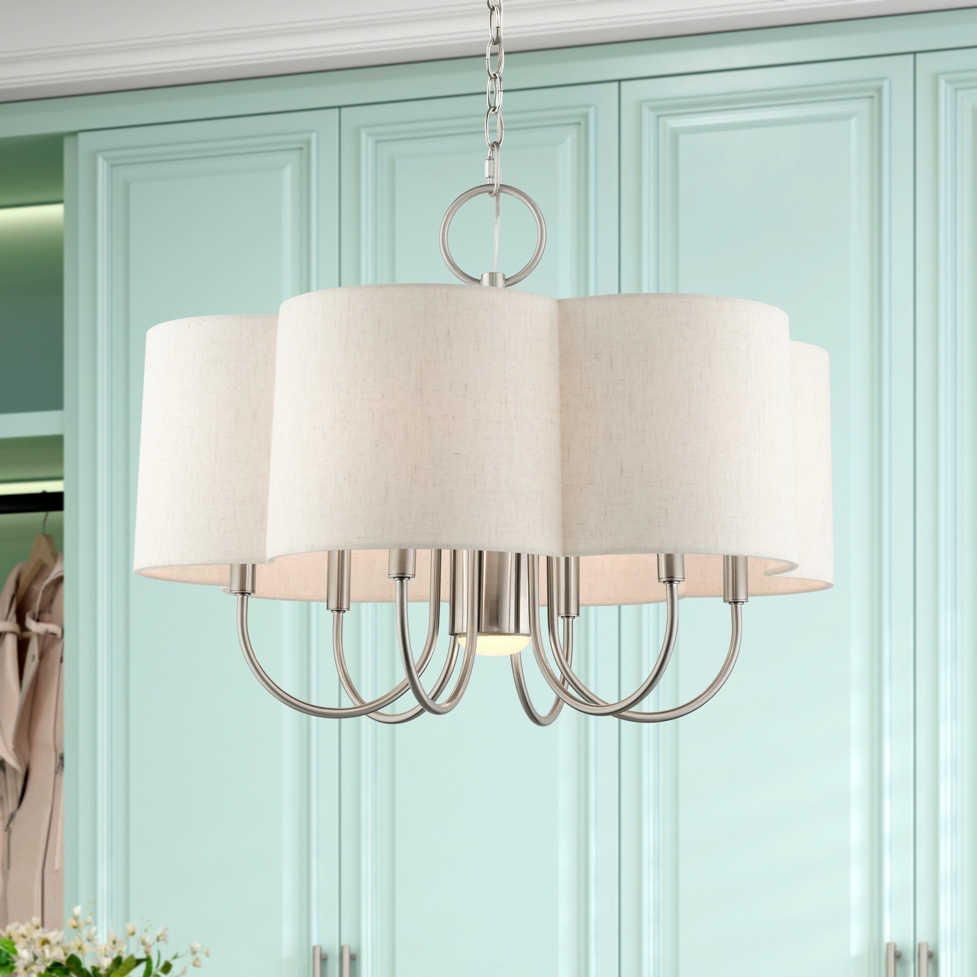 Brushed Nickel 24" Drum Chandelier with Oatmeal Shade