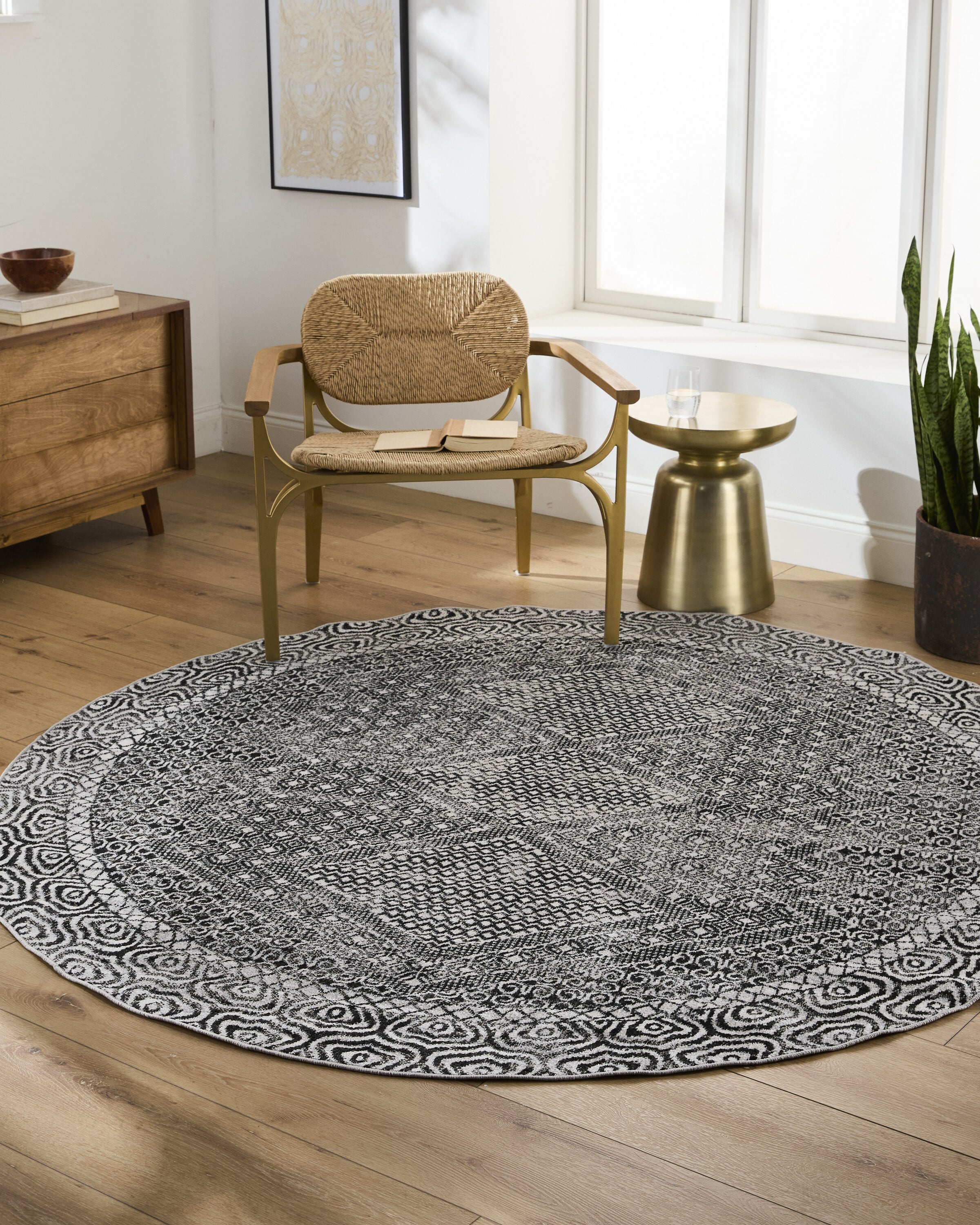 Livabliss LVR2341-67RD Lavadora 7 x 7 (ft) Polyester Charcoal Grey Round Indoor Medallion Global Machine washable Area rug