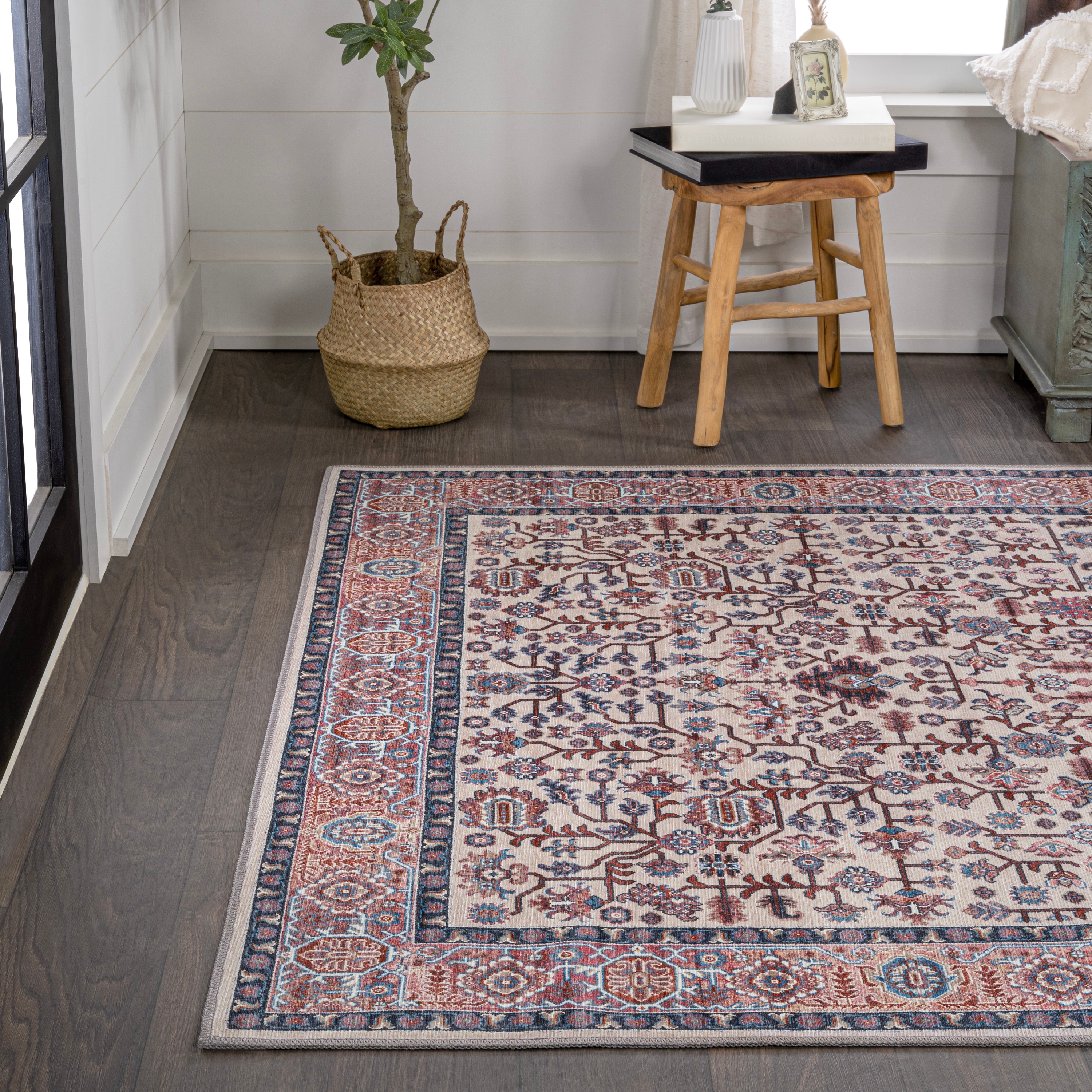 Kemer Persian Washable Chenille Beige/Red/Blue 3 ft. x 5 ft. Area Rug