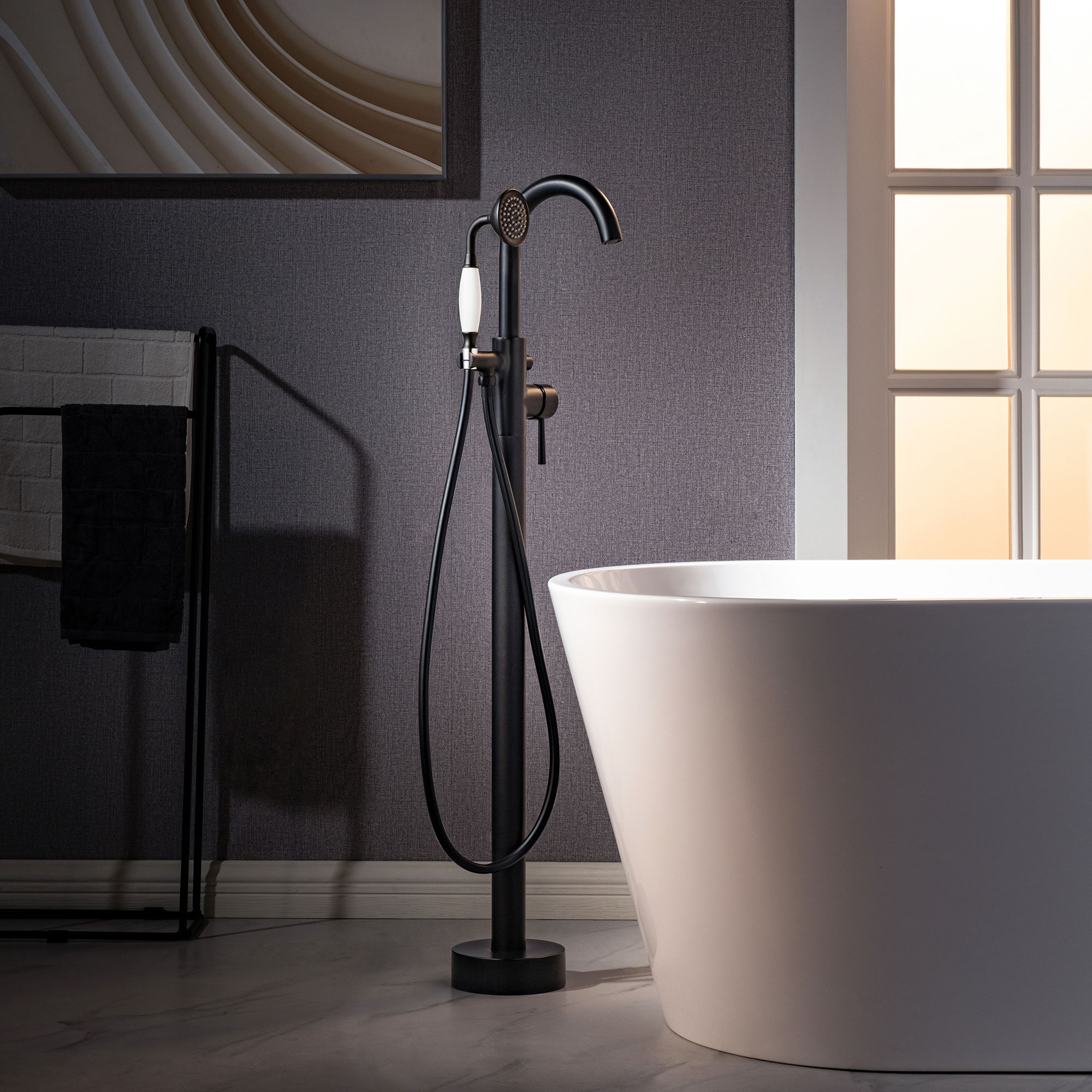 Woodbridge LF946 Vienna Matte Black 1-handle Freestanding High-arc Bathtub Faucet with Hand Shower