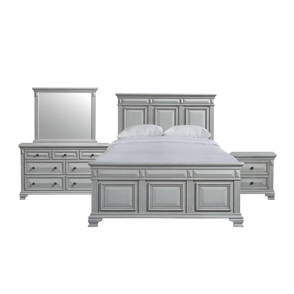 Picket House Furnishings Trent Grey King Panel 4PC Bedroom Set | Transitional Style | Acacia Wood | Grey Finish | Includes Bed, Dresser, Mirror -  CY300KB4PC