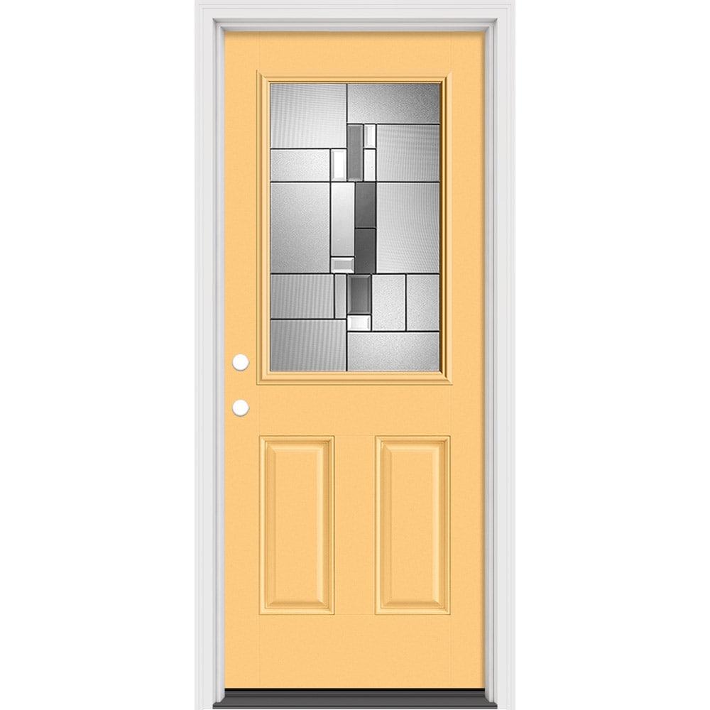 Masonite Cuzco 32 in x 80 in x 4 9 16 in Fiberglass Half Lite Right Hand Inswing Cabana Yellow Painted Prehung Slab Front Door with Brickmould Solid Core in the Front Doors department at Lowes