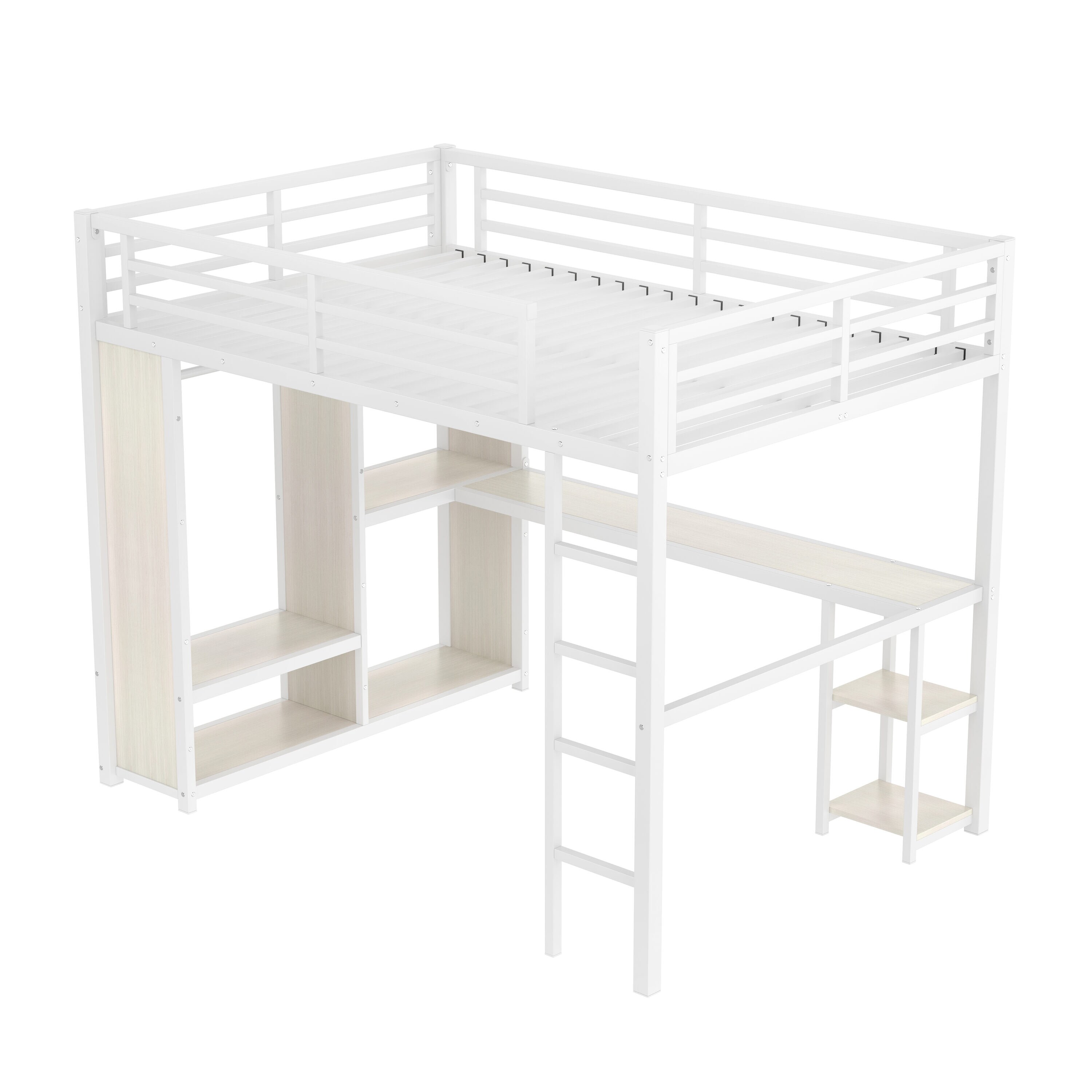 Bellemave White Straight Grain Queen Size Metal Loft Bed with Wardrobe ...