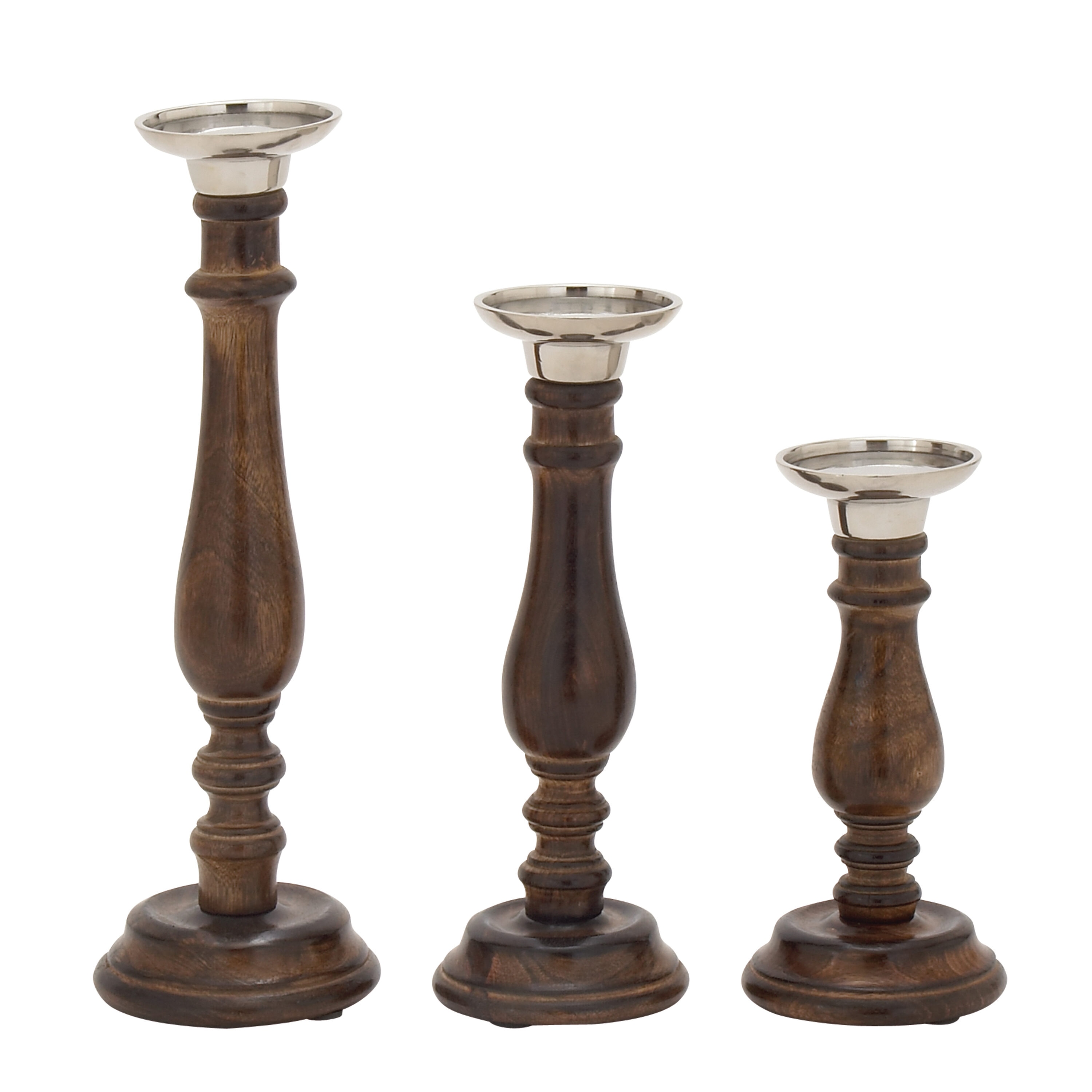 Dark Brown Mango Wood Pillar Candlestick Set of 3