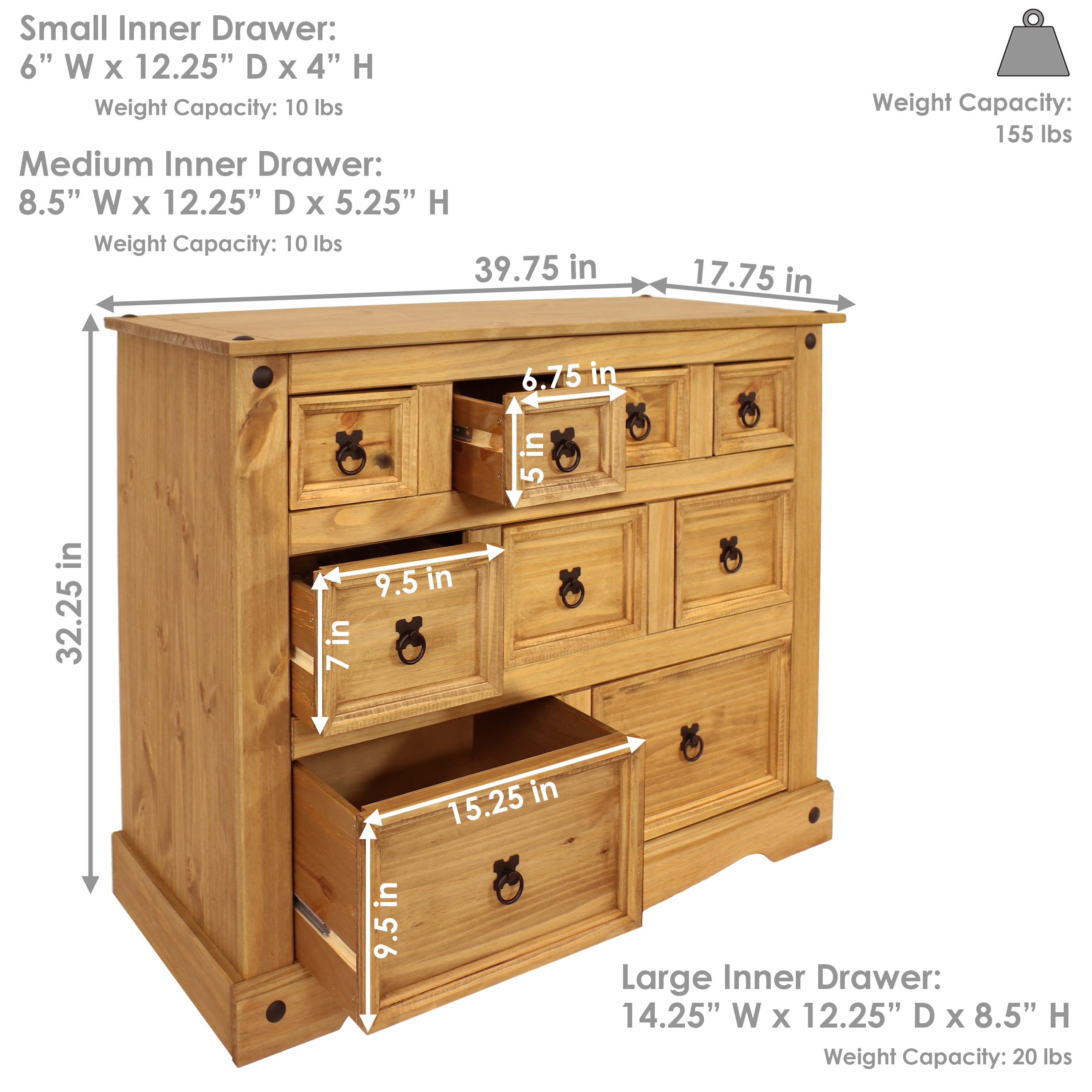 Sunnydaze Light Brown Pine 9-Drawer Farmhouse Chest