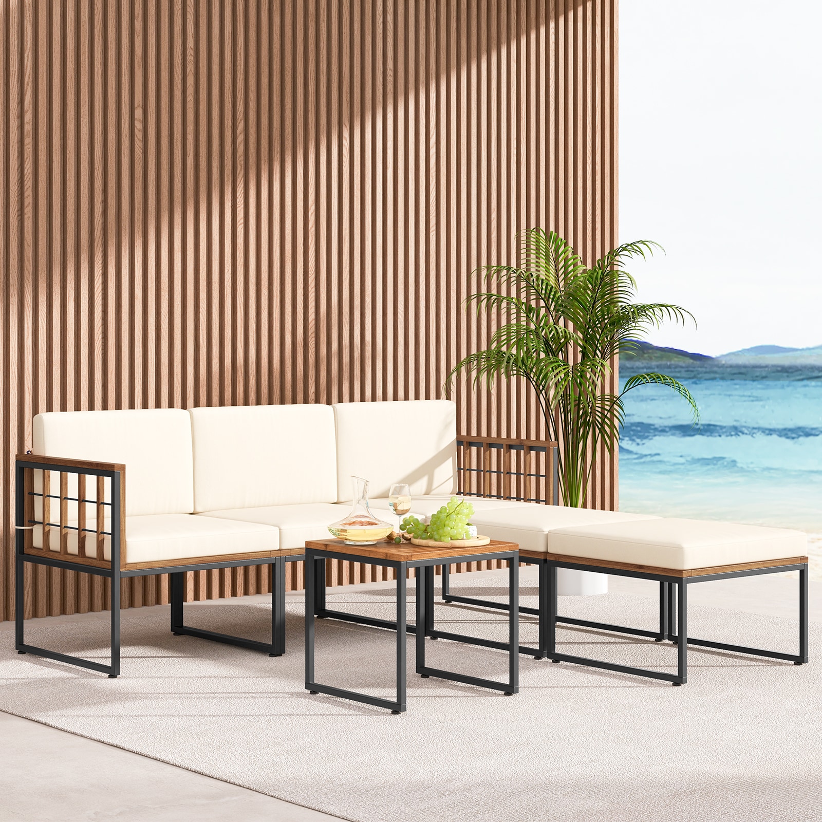 Forclover HYFW-666BN+ 6 -Piece 3 Patio Sofa Conversation Set with Off-white Cushions