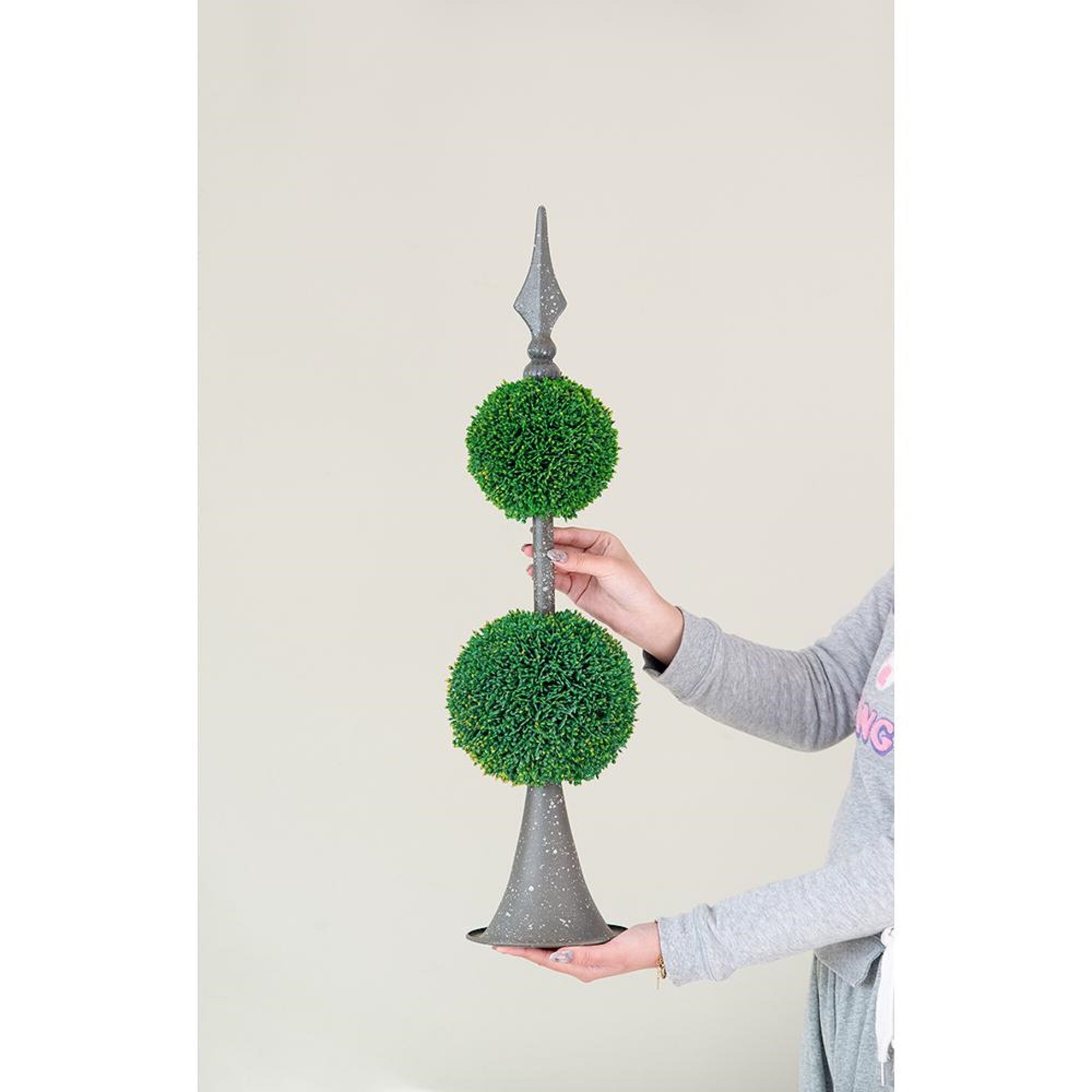 Antique Bronze and Green Faux Boxwood Double Sphere Topiary