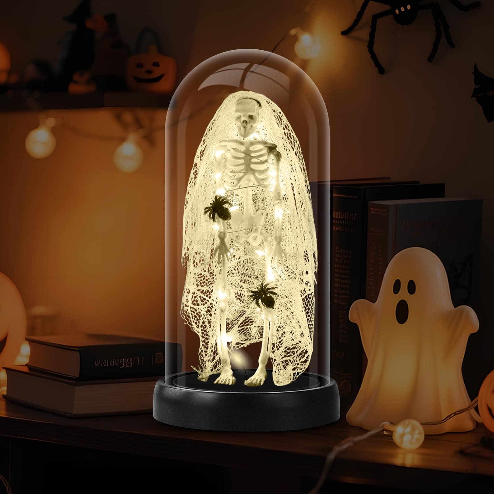Lukvuzo  Halloween Skull Tabletop Decor Light Up Spider Skeleton Under Glass Dome Flickering LED Cute Indoor Decoration for Party Home Kitchen