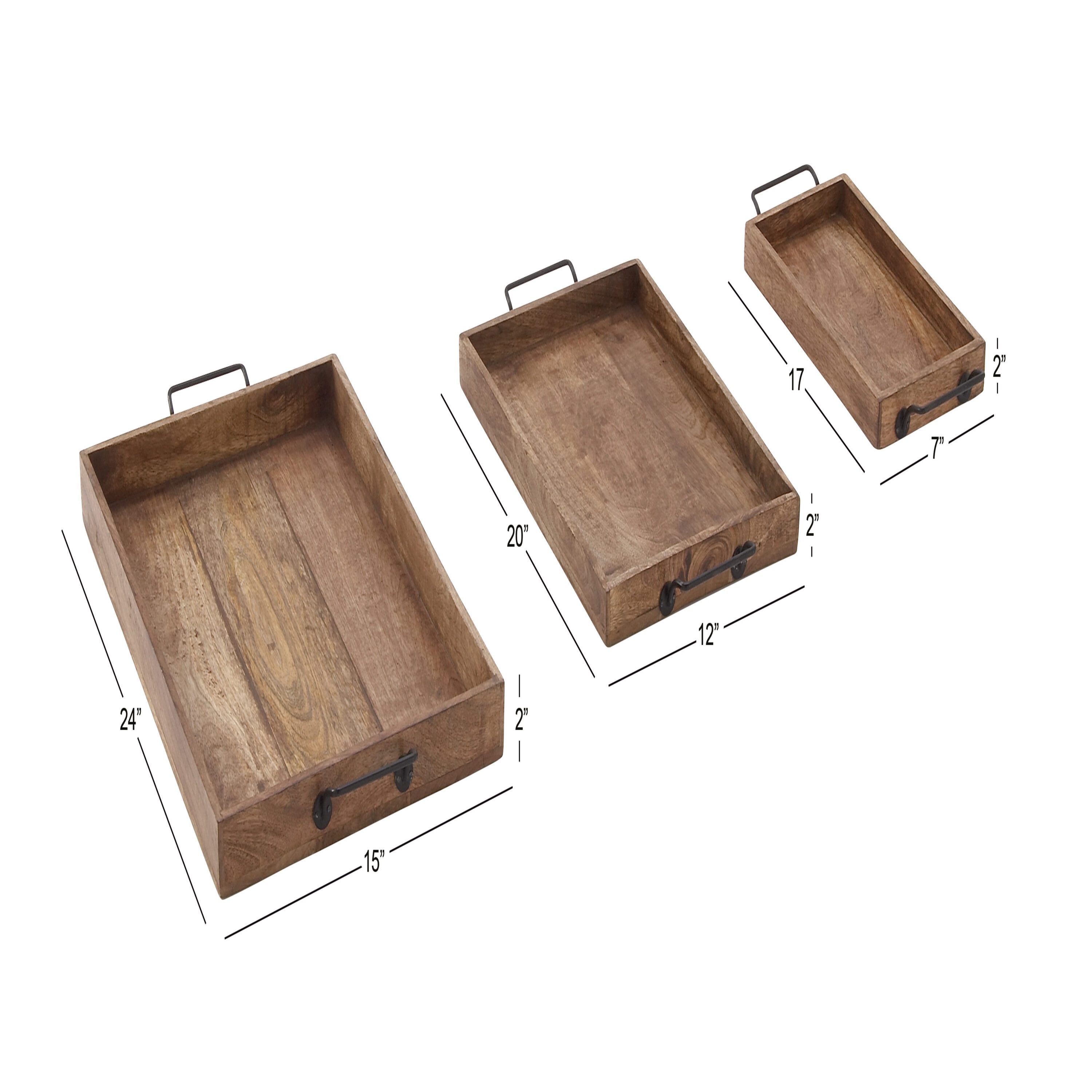 Rustic Brown Mango Wood Rectangular Tray Set with Slot Handles