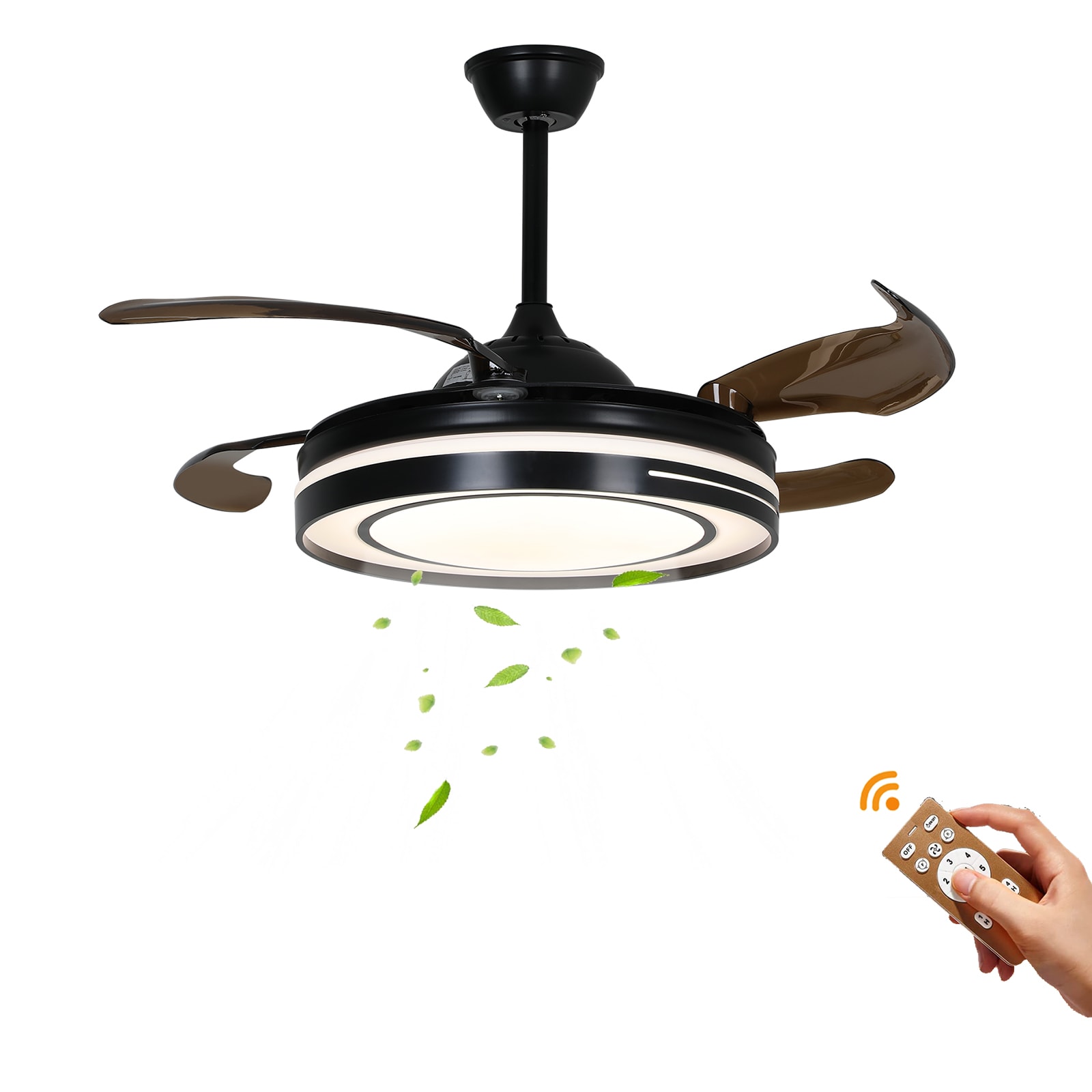 Oukaning JZUCOD8FNSHCX Timing Setting 42-in Color-Changing 6-speed Black Reversible Color-changed LED with ABS Blades Ceiling Fan With Light and Remote ( 4 -Blade )