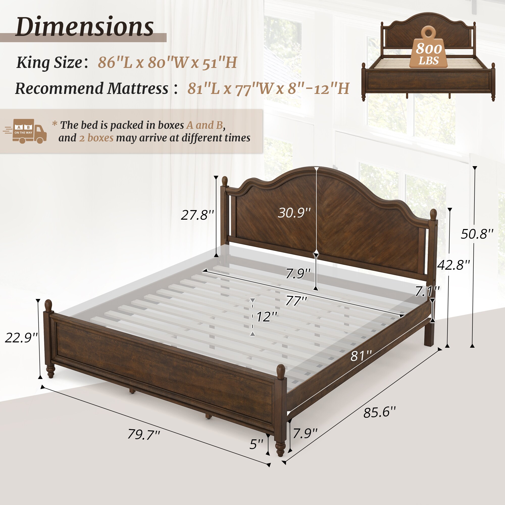 Hosworth Solid Wood King Platform Bed Arched Headboard Roman Column ...