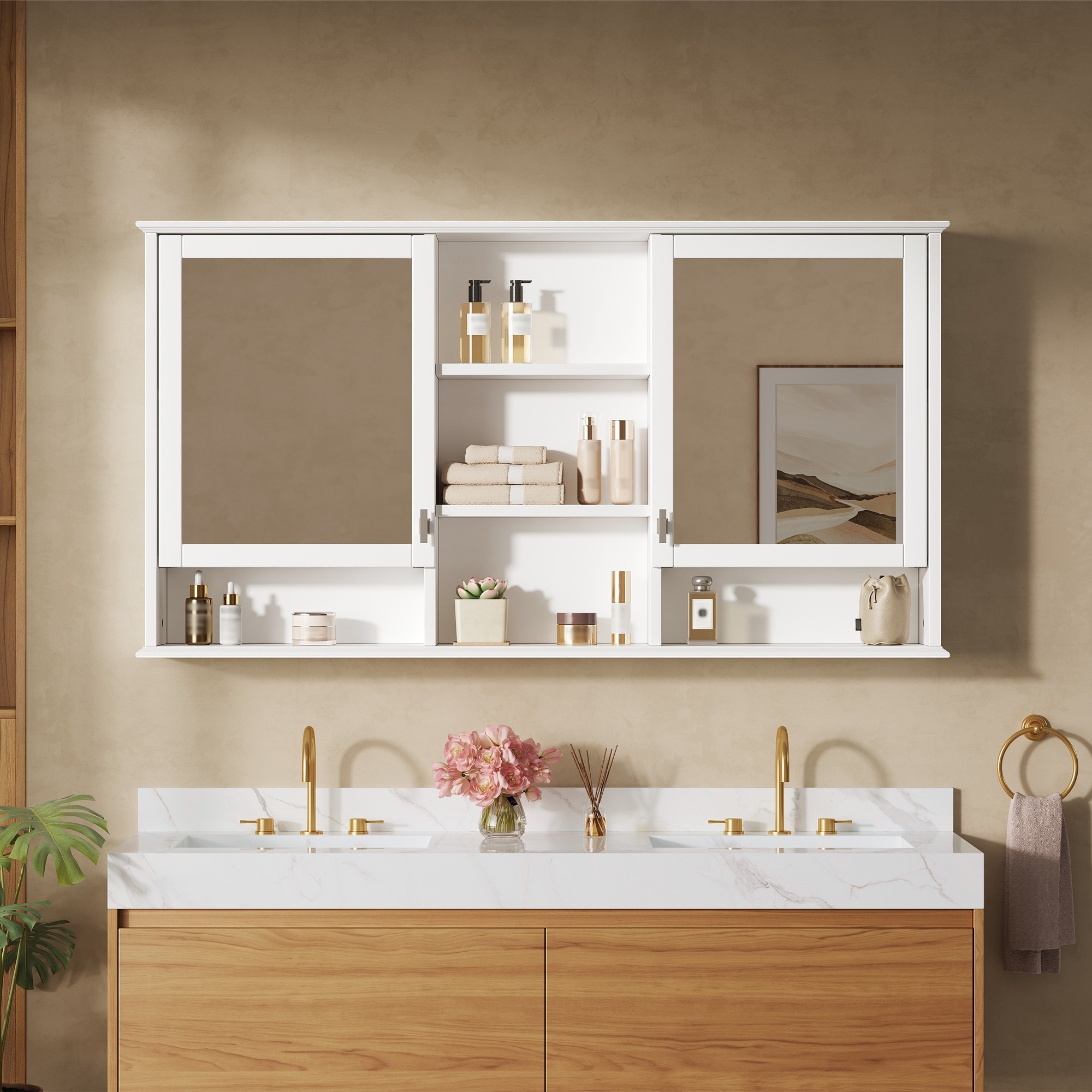 HyperDrop Cart 55 Inch Solid Wood MDF Wall Mount 2 in 1 Mirror Cabinet with Adjustable Shelves for Bathroom