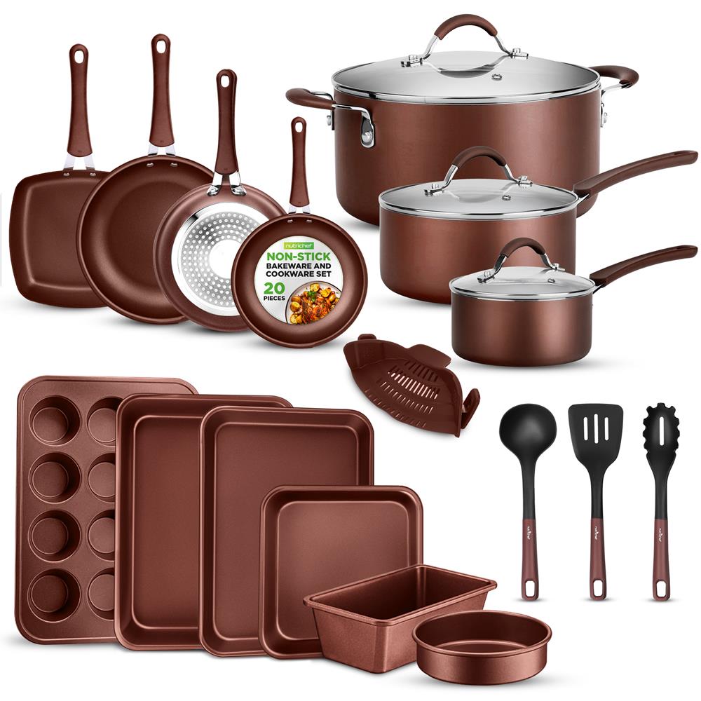 NutriChef  20 Piece Professional Home Kitchen Cookware and Bakeware Pots and Pans Set Non Stick Kitchenware CoolTouch Handles Safe for Gas Electric Induction Cooktops Easy Clean Brown