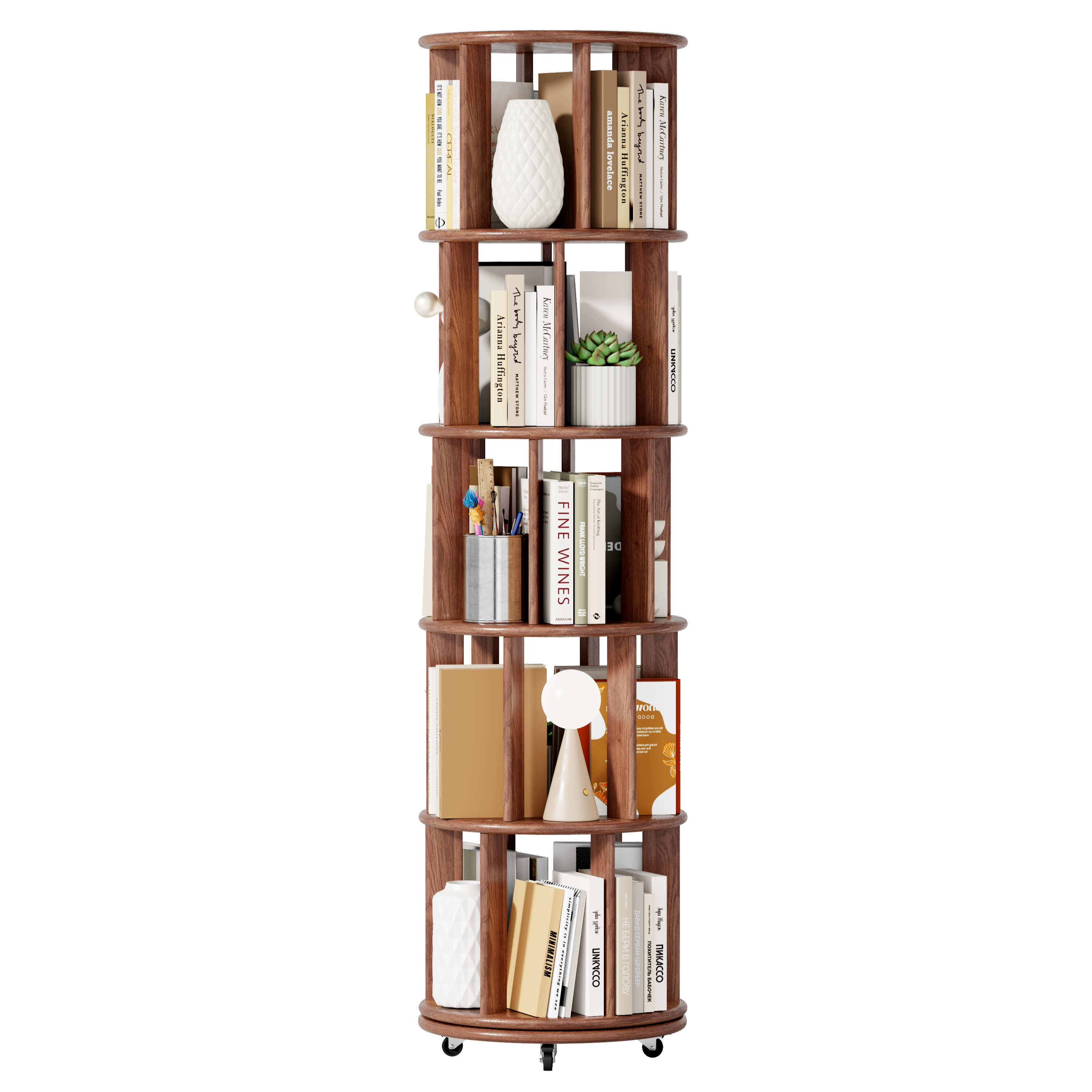 Solid Wood Rotating Bookshelf On Wheels, 6 Tier, Round Revolving Bookcase, 360° Spinning Book Shelf Tower For Kids, Narrow Rolling Bookshelves For