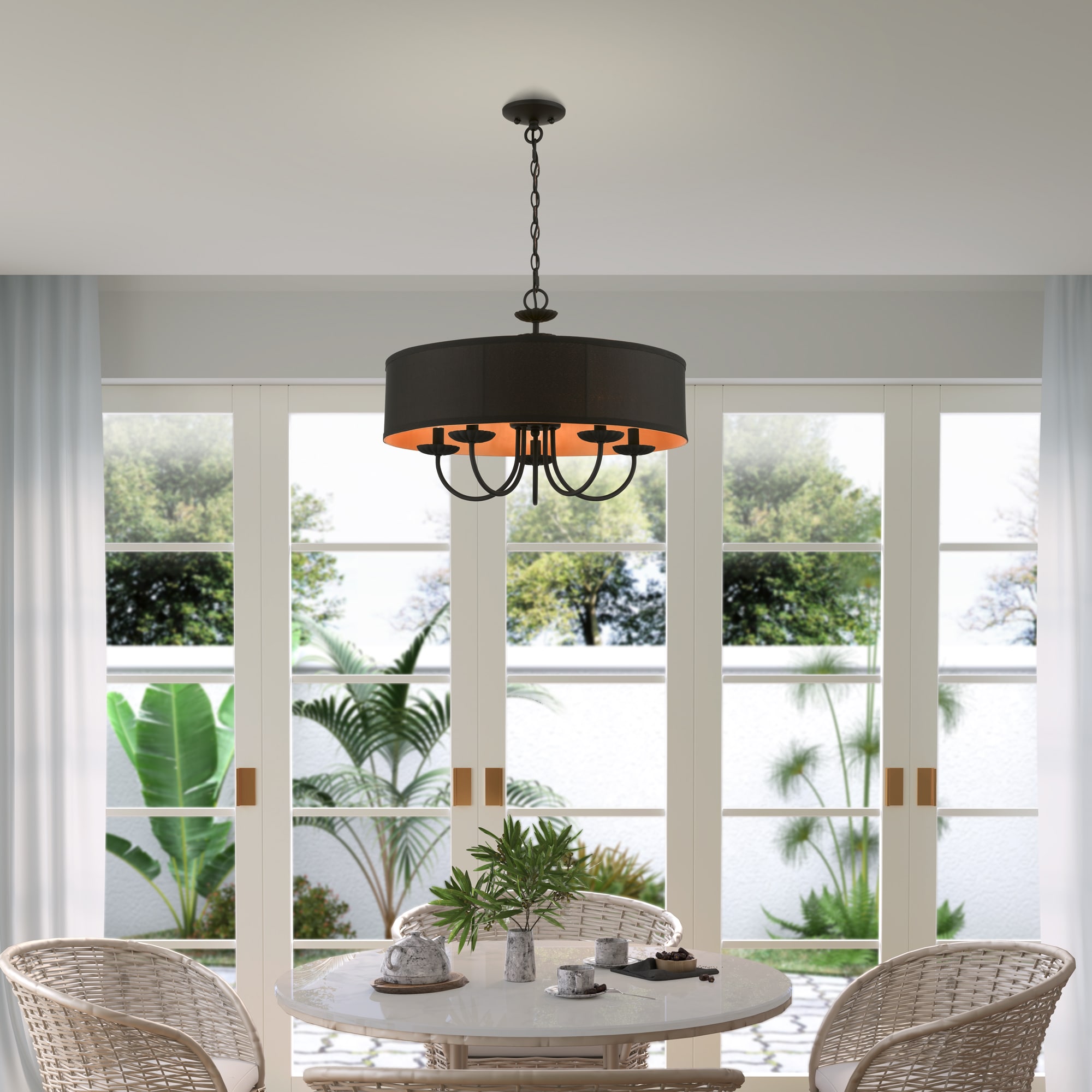 Winchester Transitional 5-Light Black Drum Pendant Chandelier with Silky Orange Inner Shade