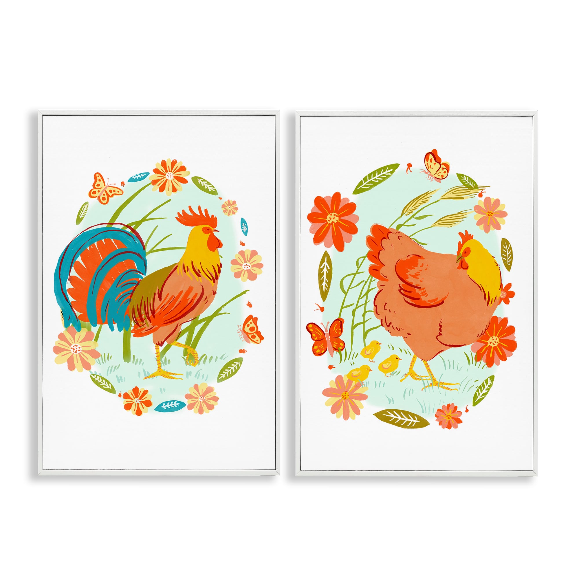 Stupell Industries B2-891-WFR-2PC-12X18 Rooster and Hen with Florals 2 Piece White Framed Giclee Art Set By Hannah Moren 12 x 18