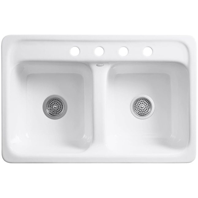 Delafield Tile-In Cast Iron 32 in. 4-Hole Double Bowl Kitchen Sink in White Delafield Tile-In Cast Iron 32 in. 4-Hole Double Bowl Kitchen Sink in White