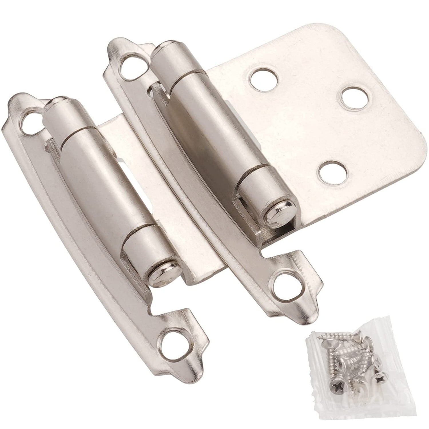 Numhew 0.5in Overlay 2-Pack Brushed Nickel Self Closing Cabinet Hinges with Silicon Bumpers and Hardware Screws #NHBEN34703