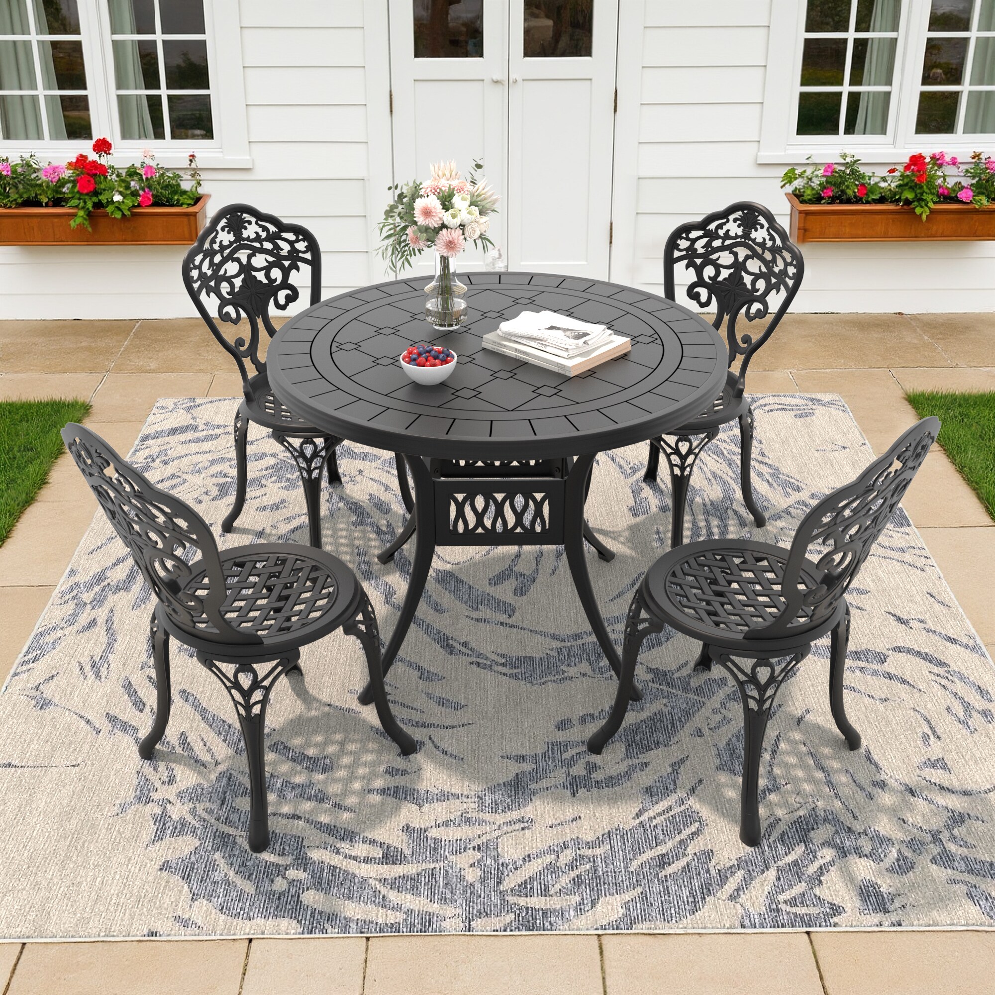 nicesure SLBK6023CZ4A1172 5 -Piece Black Patio Dining Set Aluminum Round Table with 4 Cushions Stationary Chairs