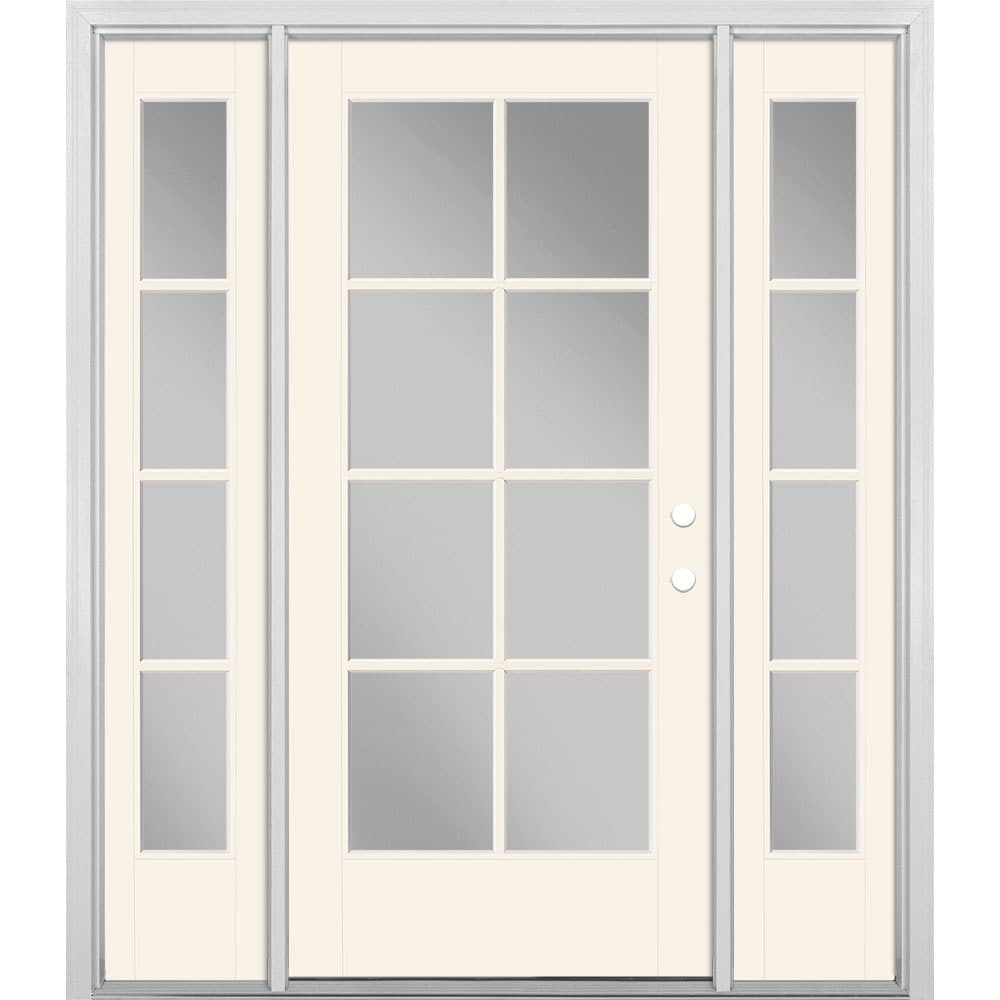 Masonite 1524421 60-in x 80-in x 4-9/16-in Fiberglass Full lite Left-hand inswing Arctic White Painted Prehung Single door with sidelights Front Door with Brickmould Insulating core Simulated divided light