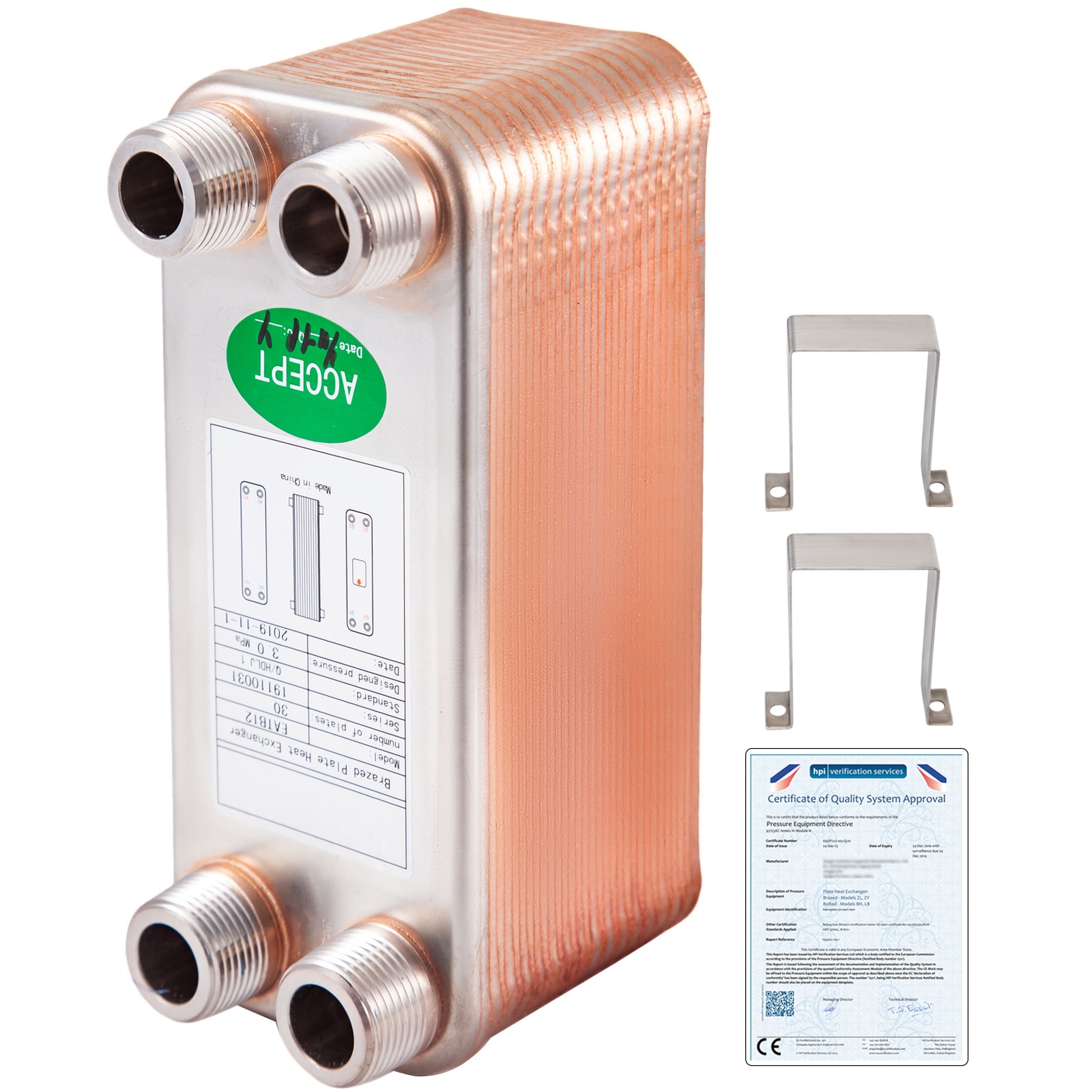 VEVOR BSHRQ1230MN34G601V0 Heat Exchanger 30 Plates Brazed Plate Heat Exchanger 316L Mpt Heat Exchanger B12 30 Beer Wort Chiller For Hydronic Heating