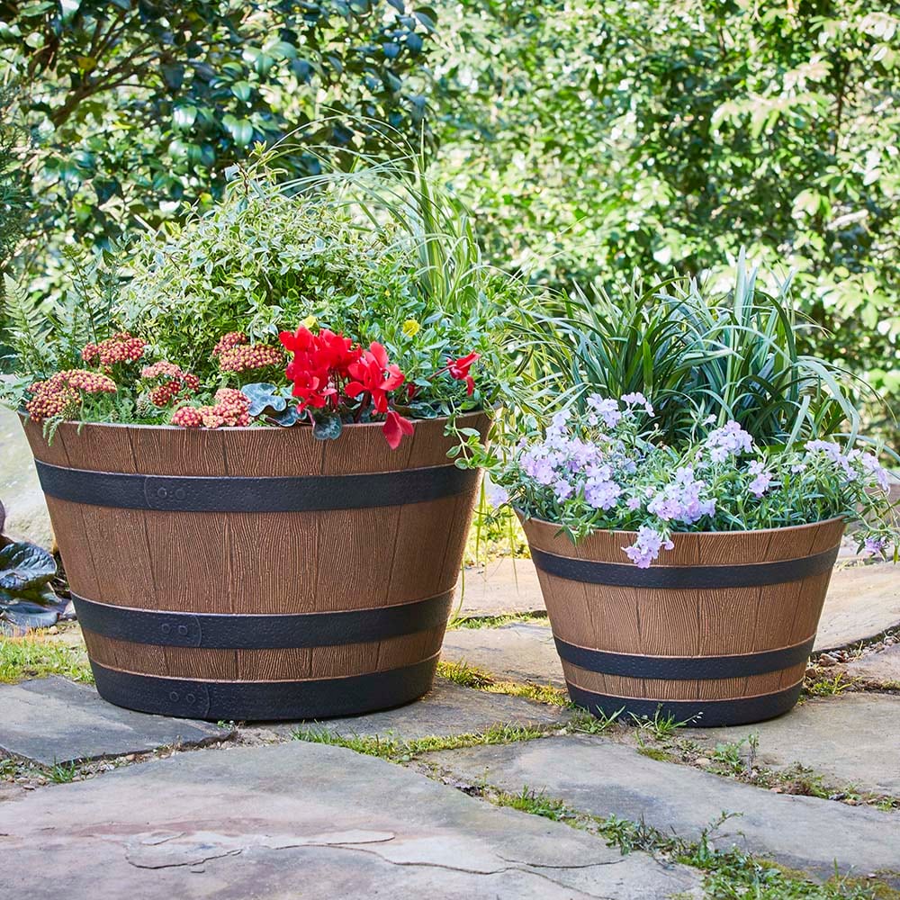 Southern Patio Round 22.24-in W x 13-in H Brown Resin Outdoor Barrel in ...