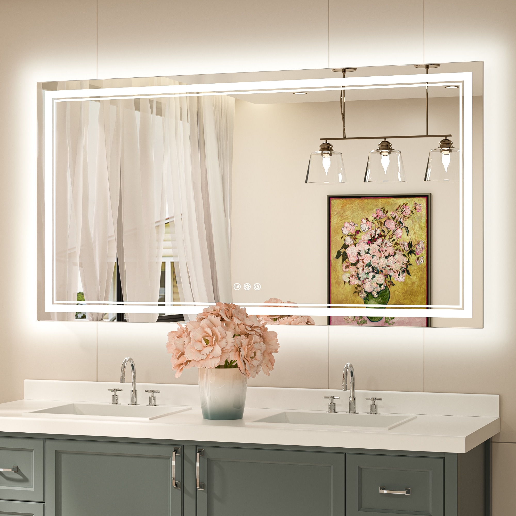 Keonjinn LW-JZ-ZBGSSW-13976 Bathroom Mirrors 55-in x 30-in Polished Frameless Rectangle Dimmable LED Lighted Fog Free Bathroom Vanity Mirror ( Silver )