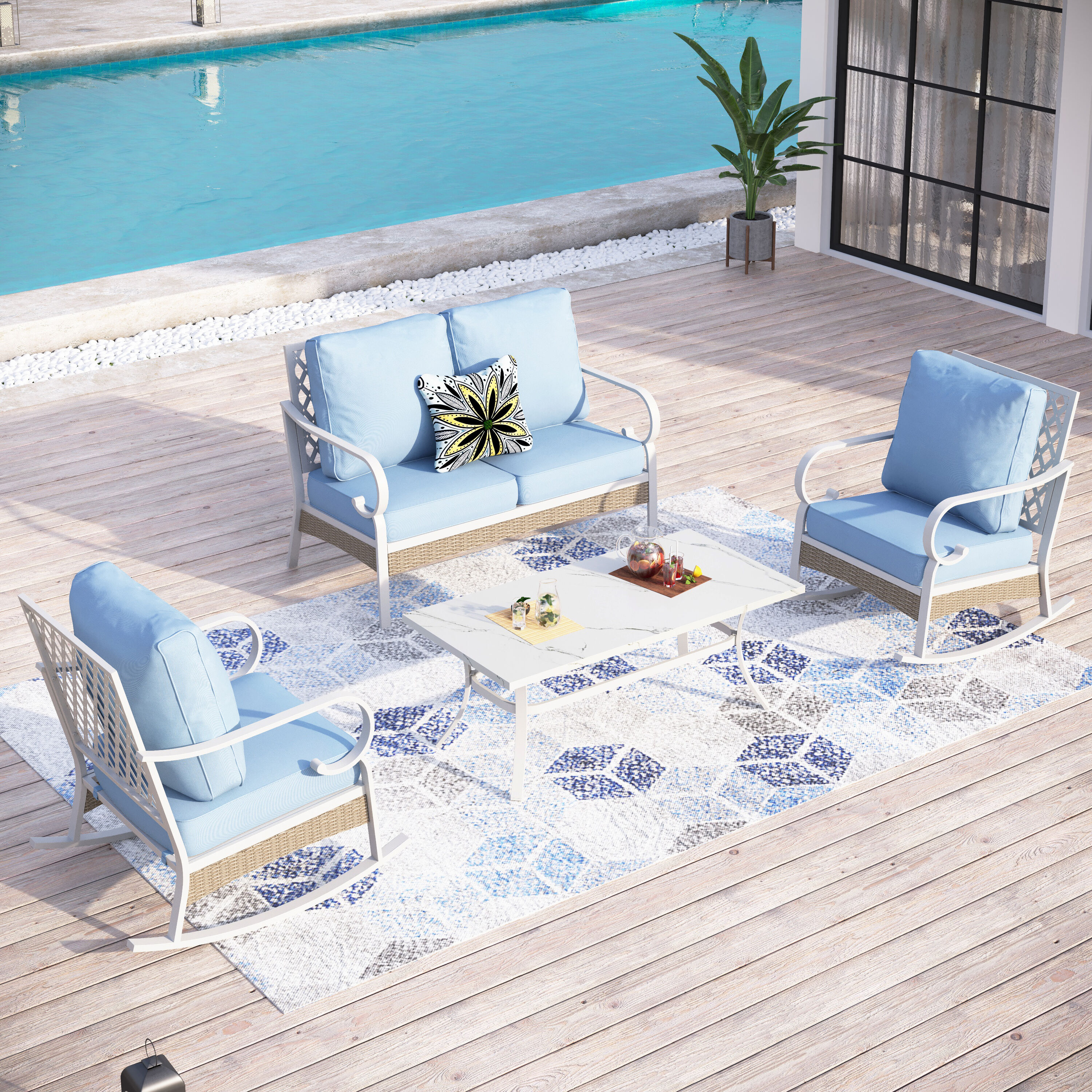 Sunshine Valley CP002-01-4-BL 4 -Piece Wicker Patio Conversation Set with Blue CUSHION PRO Cushions