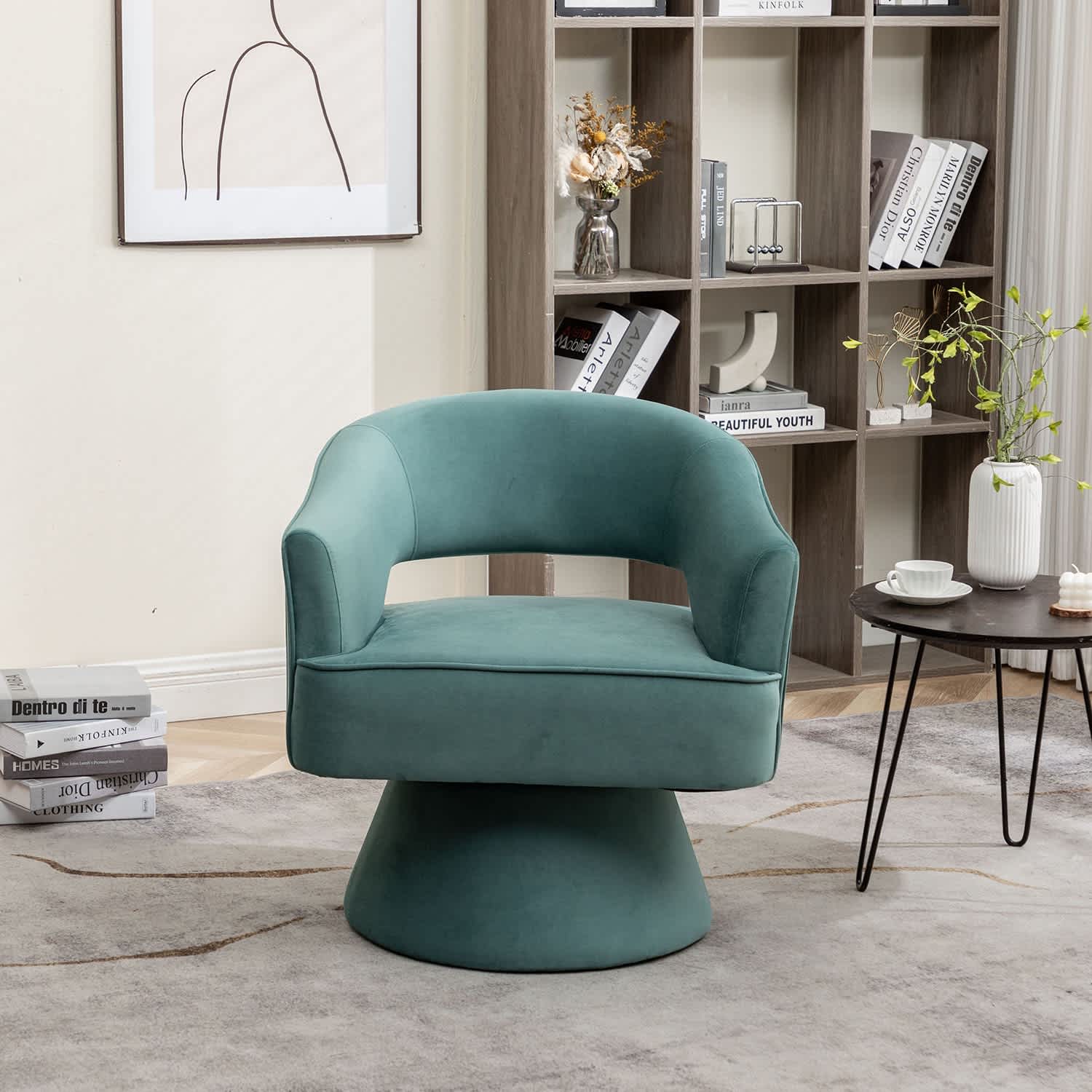 SEYNAR XY600-GREEN Modren Velvet Living Room Swivel Arm Barrel Chair with Tufted Back