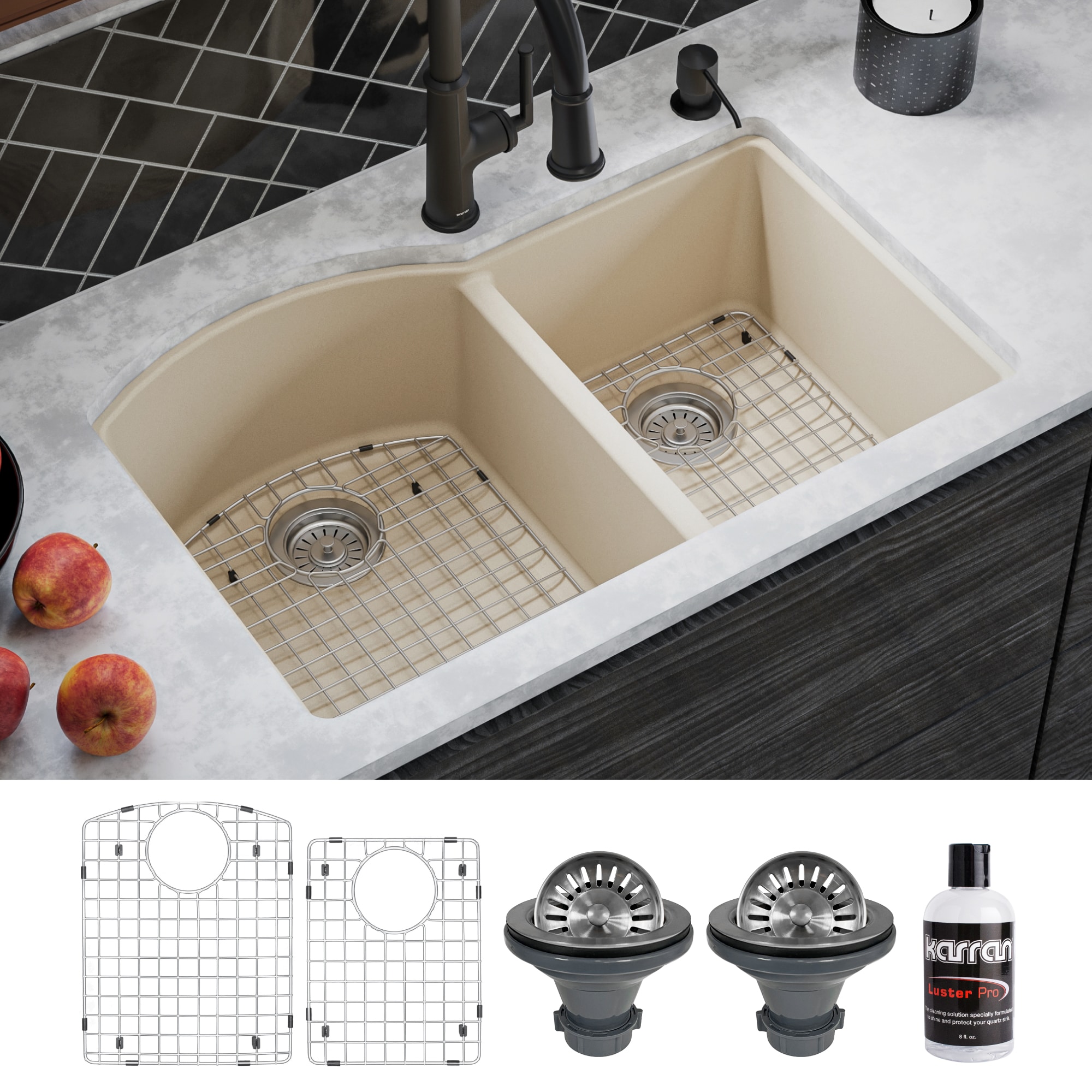 Karran QU-610-BI-PK1 Undermount 32-in x 21-in Quartz Double offset bowl Kitchen Sink