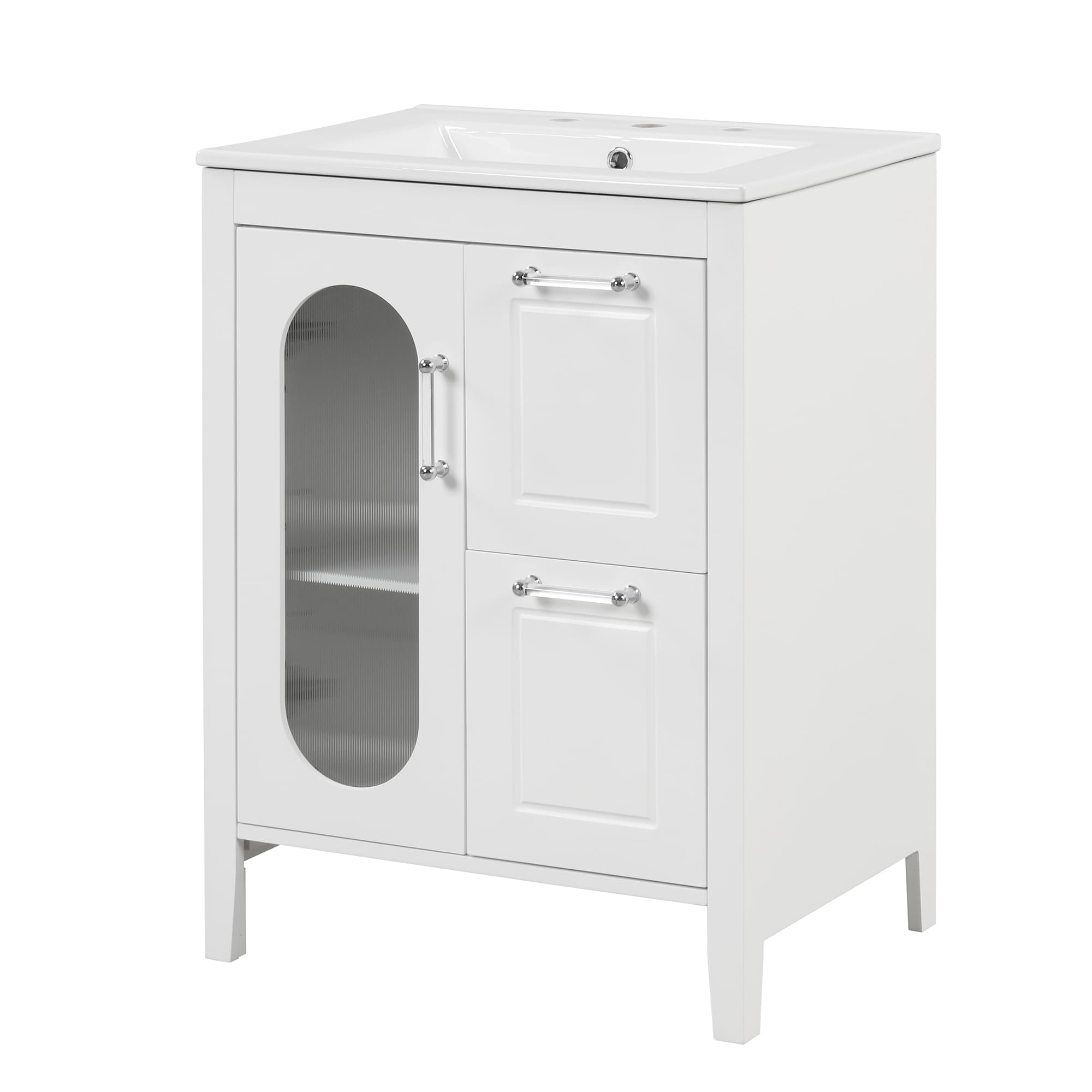 Vynxaria LEXY1988DJGXTYS012 24 Inches 1 Sink Freestanding White Bath Vanity with White Ceramic Top 2 Drawers Cabinet Adjustable Shelf Modern Design