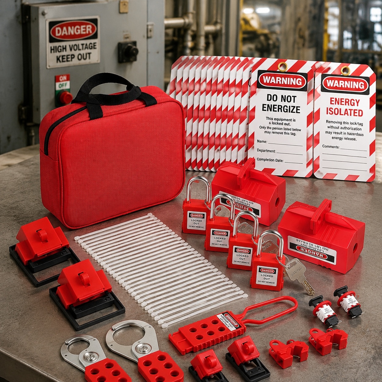 Justincity 27CSA17060 47-Piece Electrical Lockout Tagout Kit with Padlocks Hasps Tags Cable Ties Plug and Circuit Breaker Lockouts