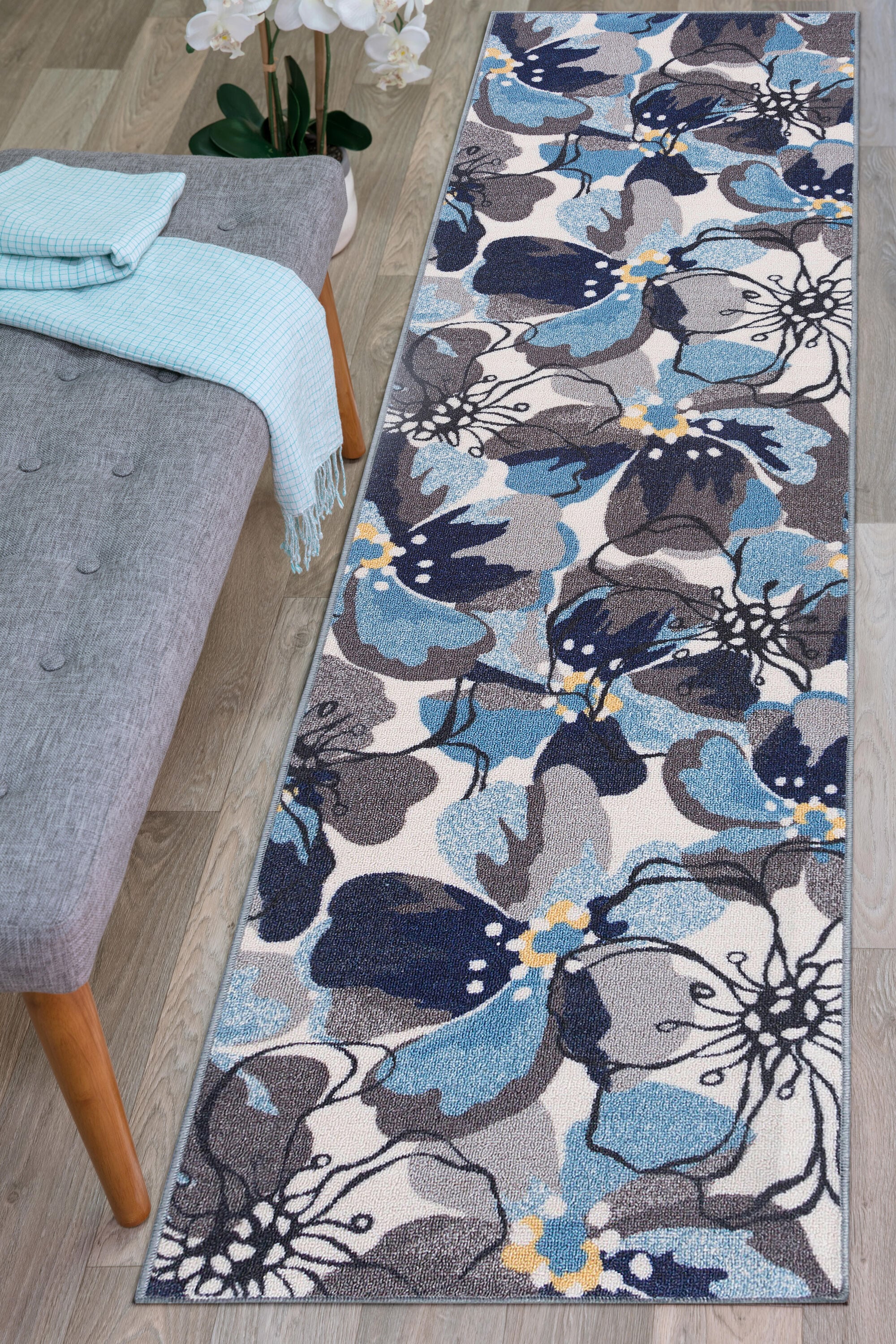 Elegant Floral Gray Tufted Runner Rug with Non-Slip Feature - 2' x 10'