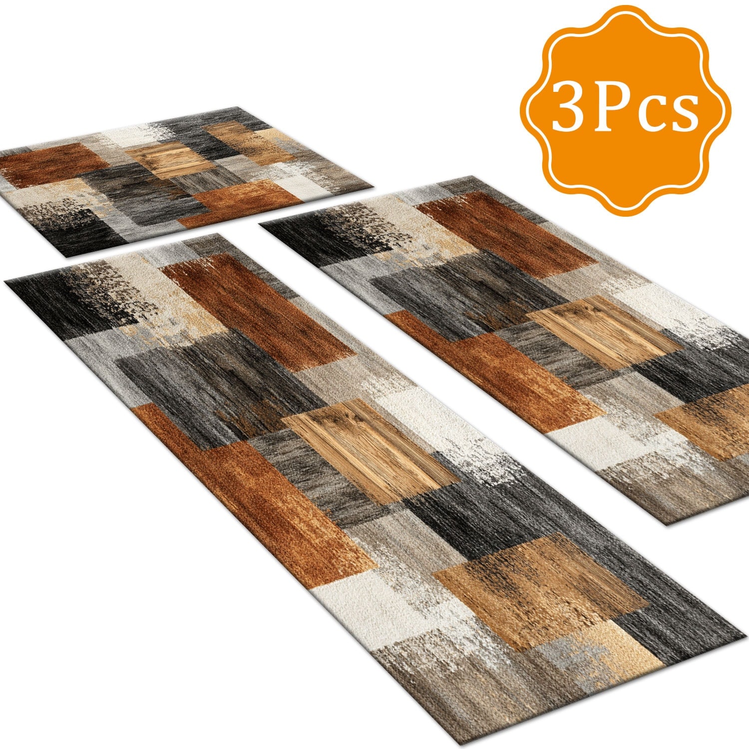 3-Piece Indoor Rug Set Non-Slip Washable Runner Mats Soft Floor Mats for Kitchen Laundry Hallway and Entryway 20x32in 20x47in 20x60in Earthy Brown Patchwork Style