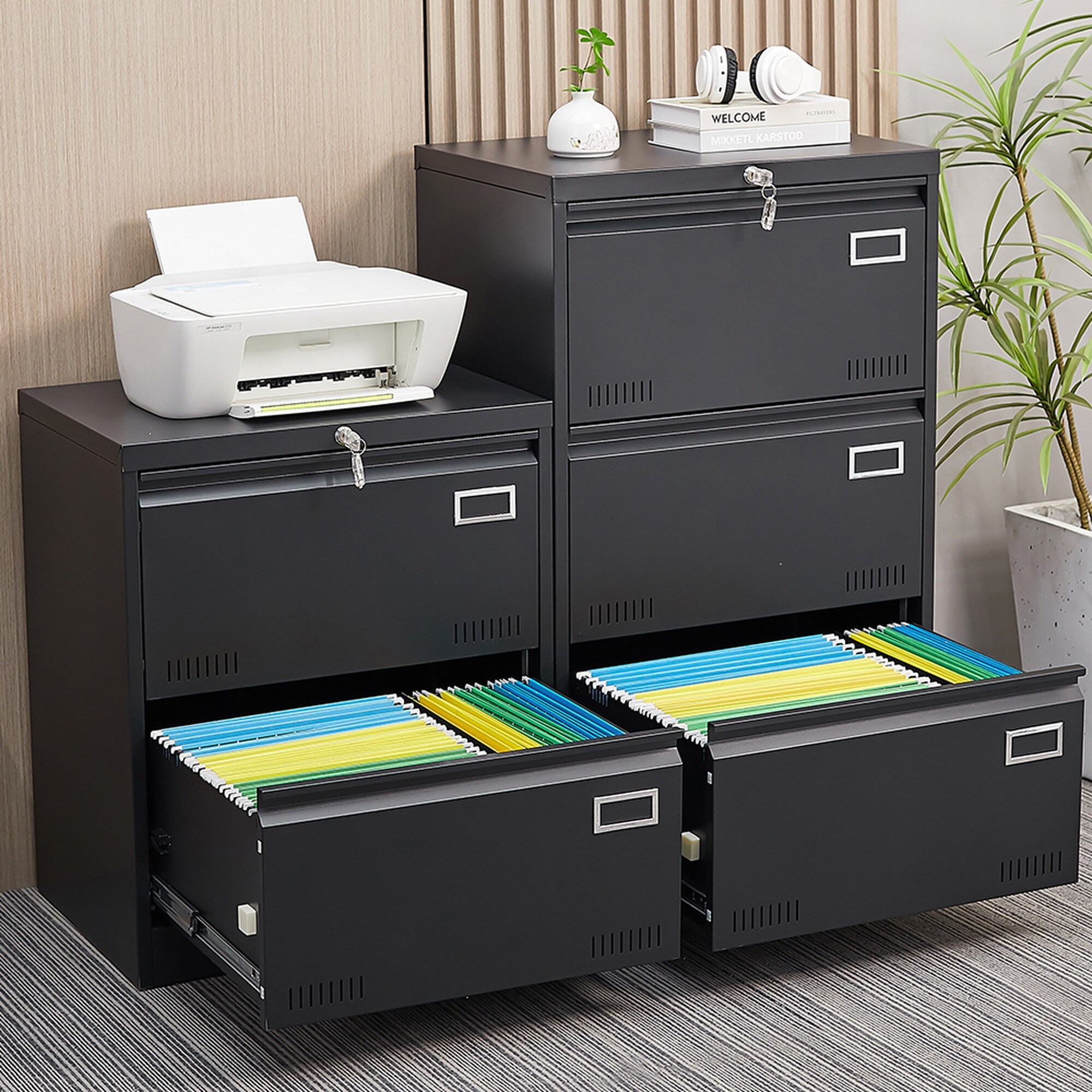 HyperDrop Cart Black Heavy-Duty Metal 2-Drawer Lateral File Cabinet ...