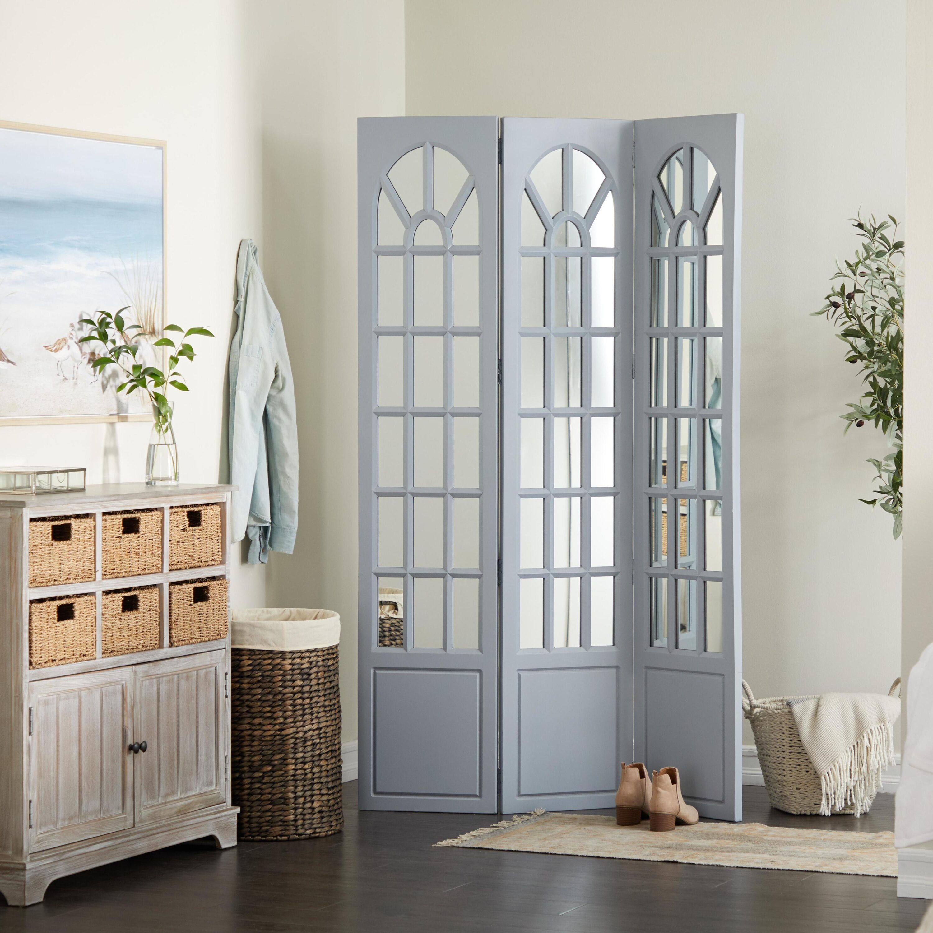 Grayson Lane 45226 3 -Panel Blue Hinged Foldable 3 Panel with Window Pane Style Mirror Wood Country Style Room Divider
